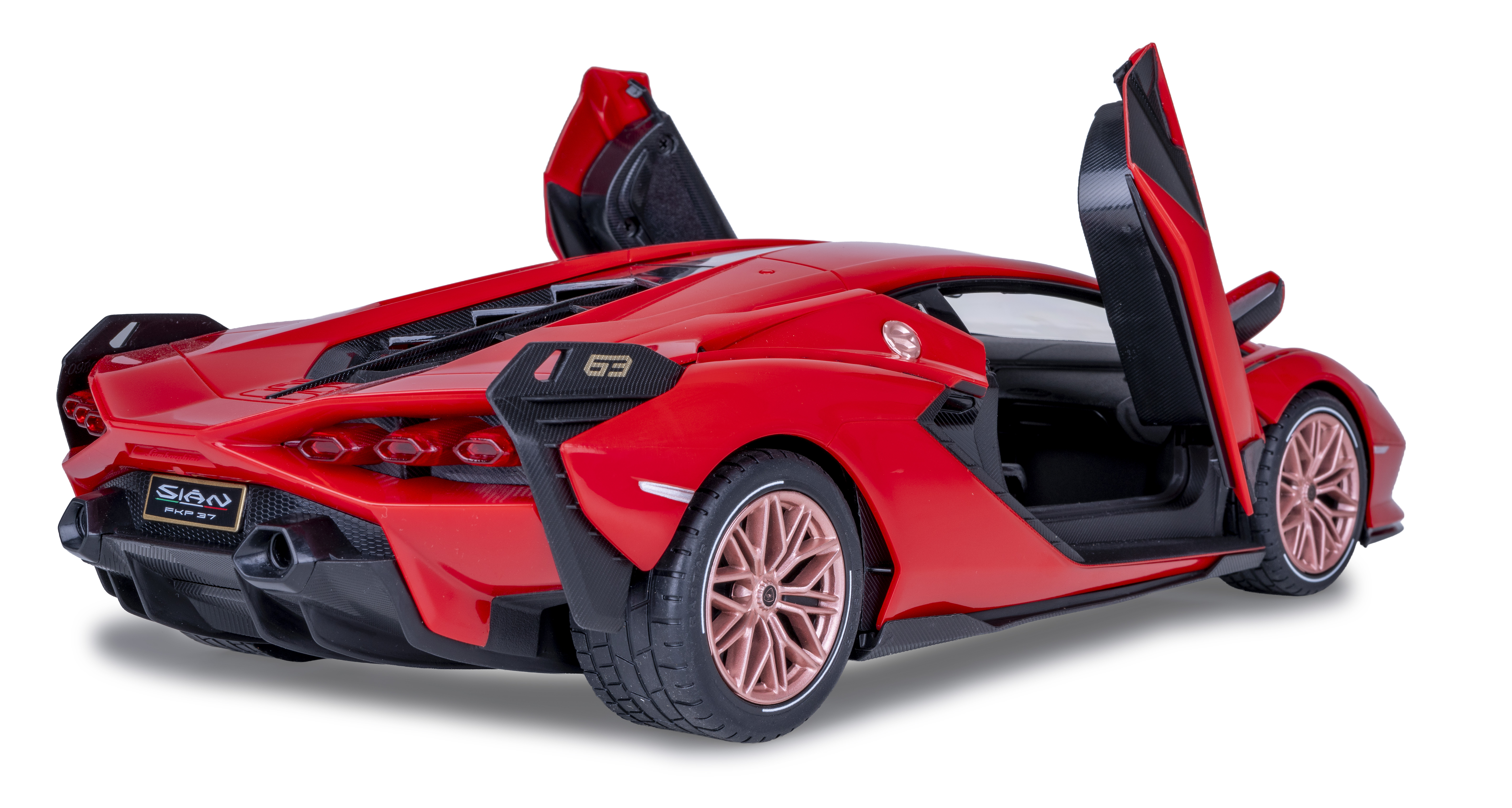 Ein rotes Spielzeugauto mit geöffneten Flügeltüren und bronzefarbenen Felgen.