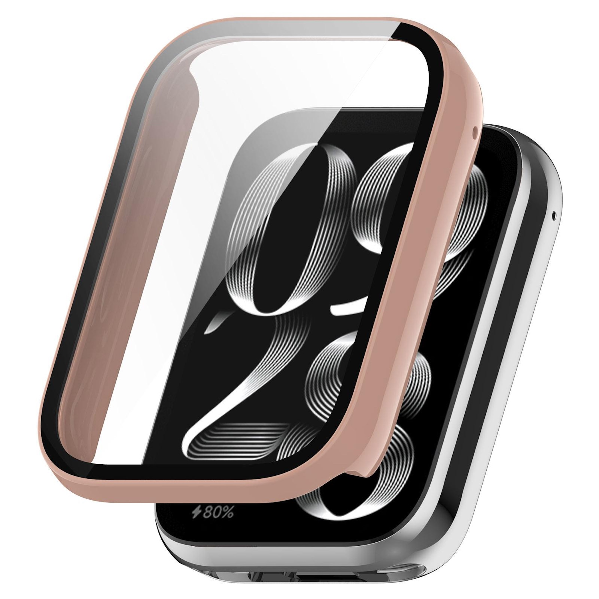 Eine rosafarbene Schutzhülle für eine Smartwatch mit schwarzem Zifferblatt.