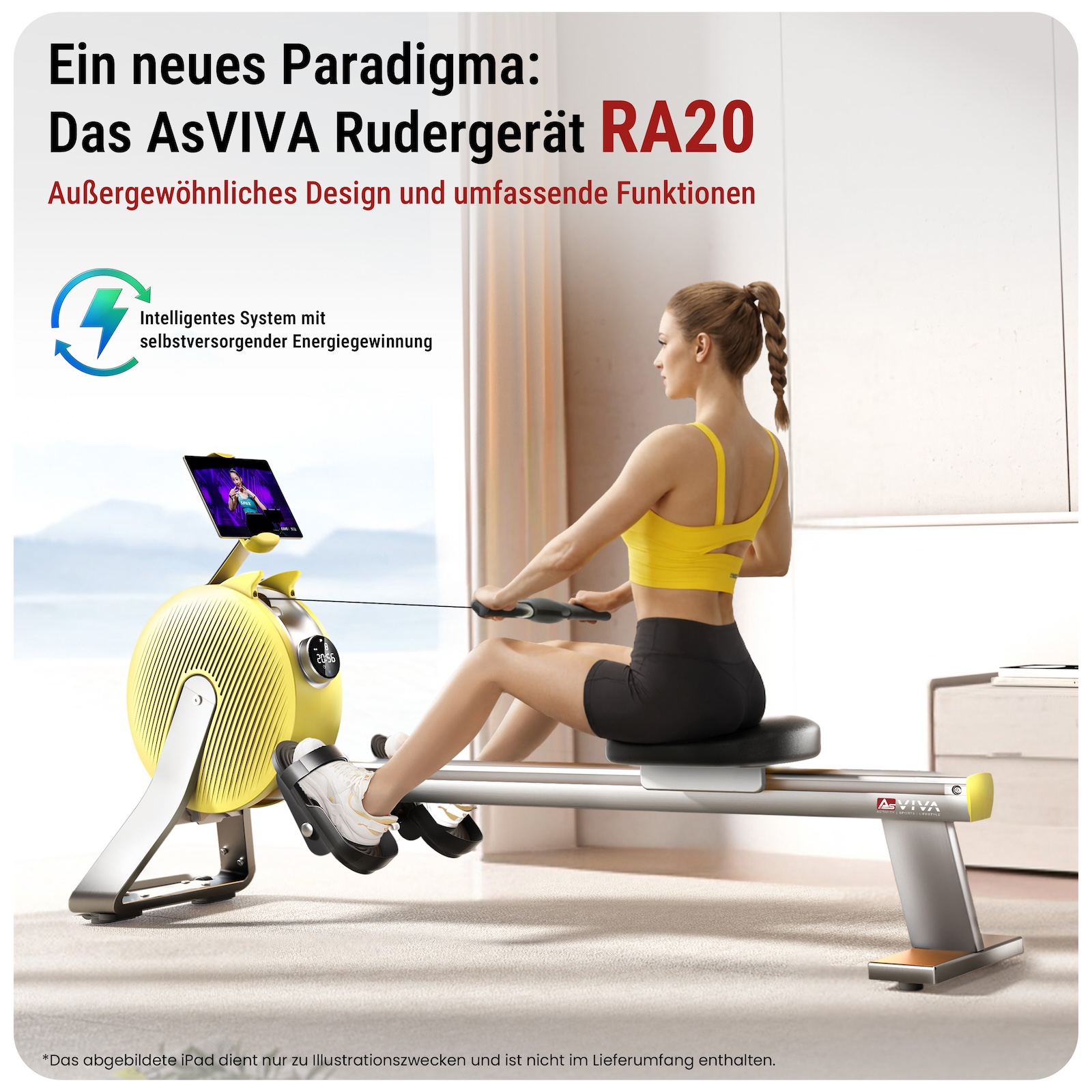 Eine Frau trainiert auf einem gelben Rudergerät mit Tablet und Energiegewinnungssymbol.