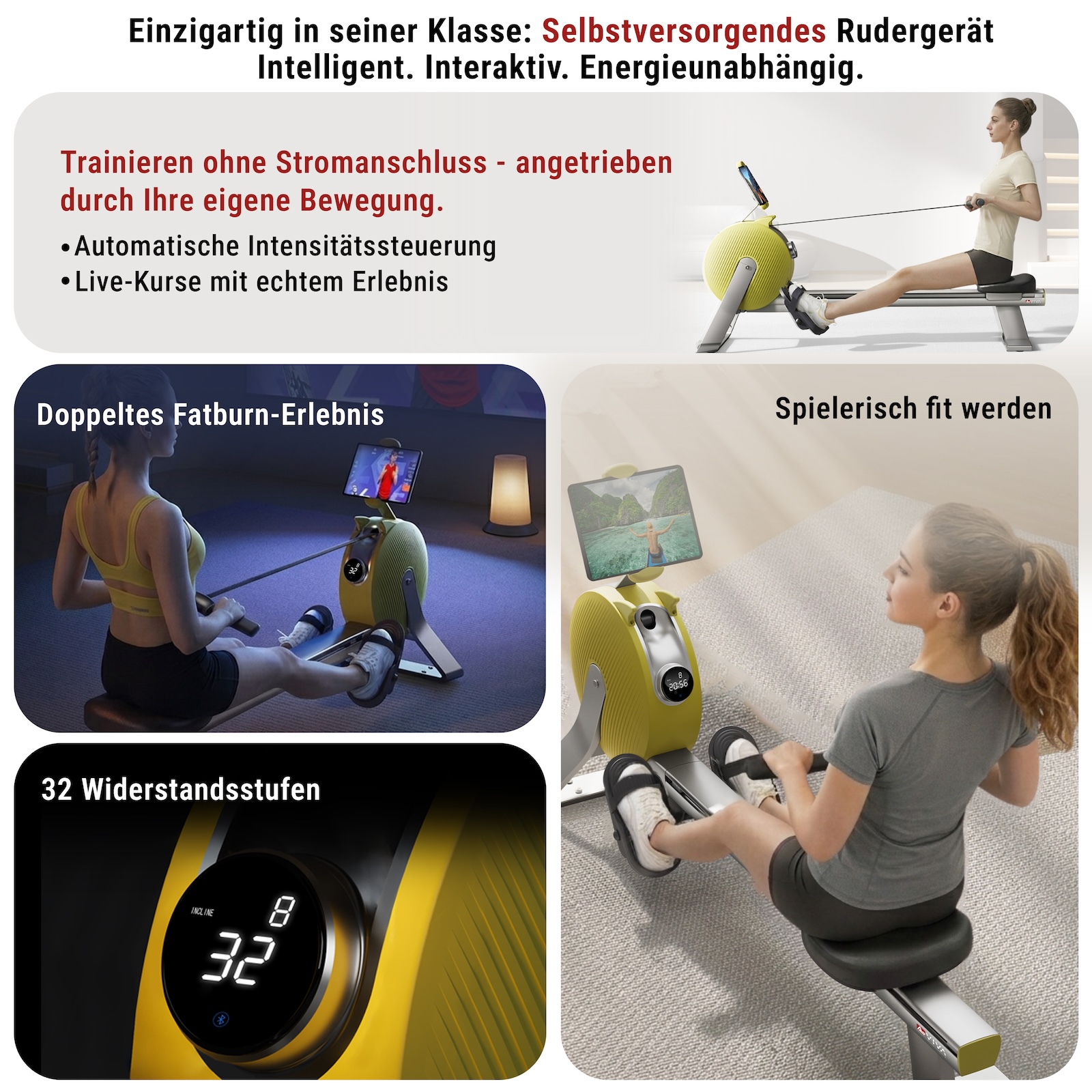 Selbstversorgendes Rudergerät mit verschiedenen Trainingsmodi.