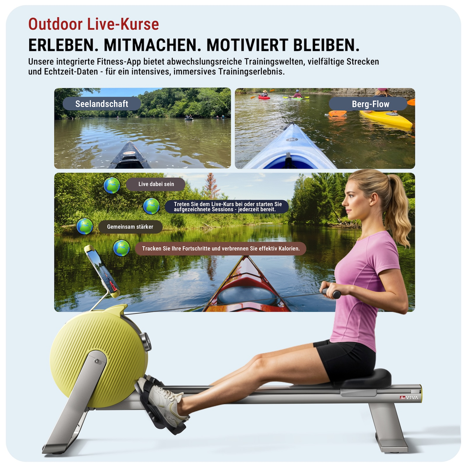 Frau auf Rudergerät vor Flusskulisse mit Kayaks und Text-Overlays.