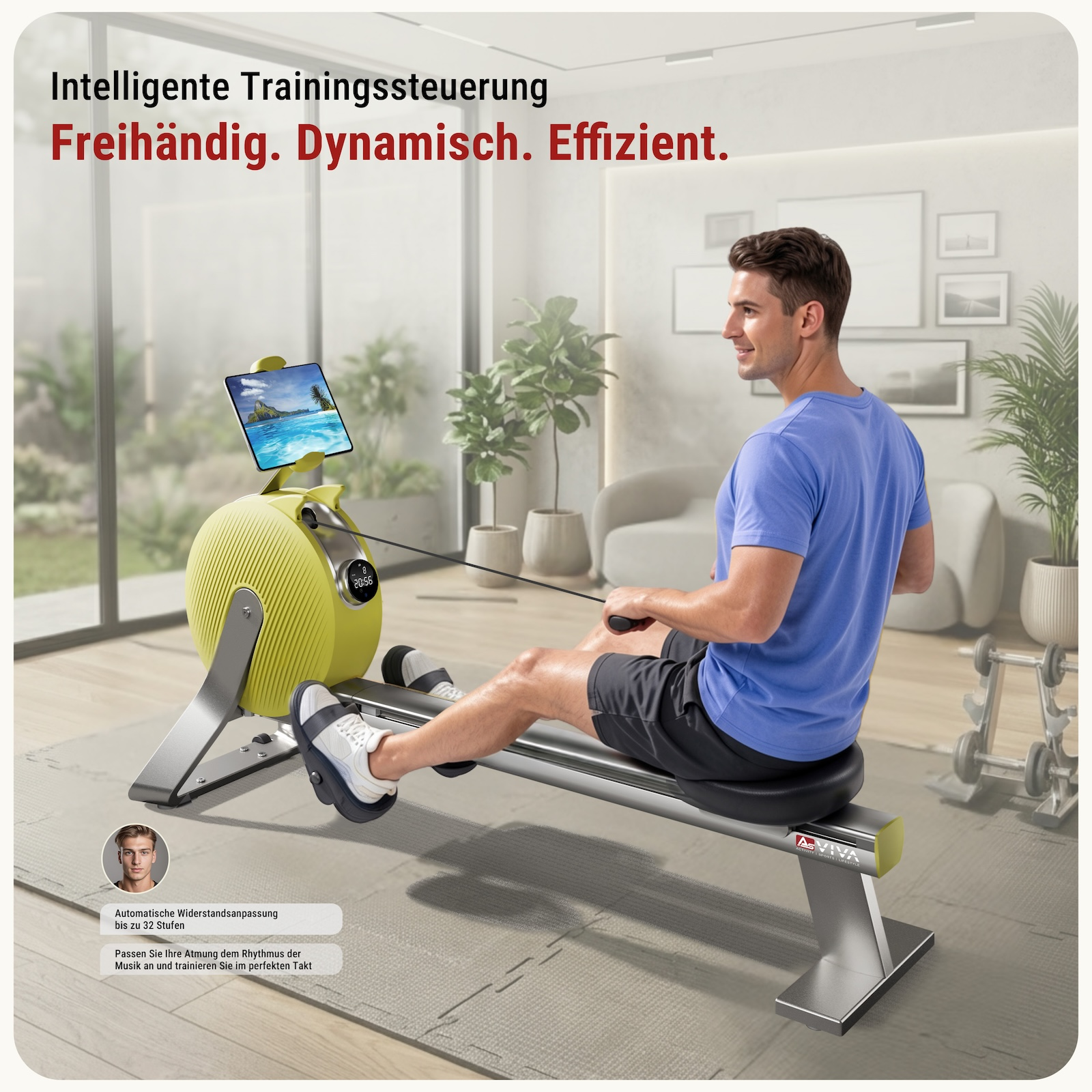 Ein Mann rudert auf einem limegrünen Ergometer mit Tablet in einem modernen Fitnessraum.