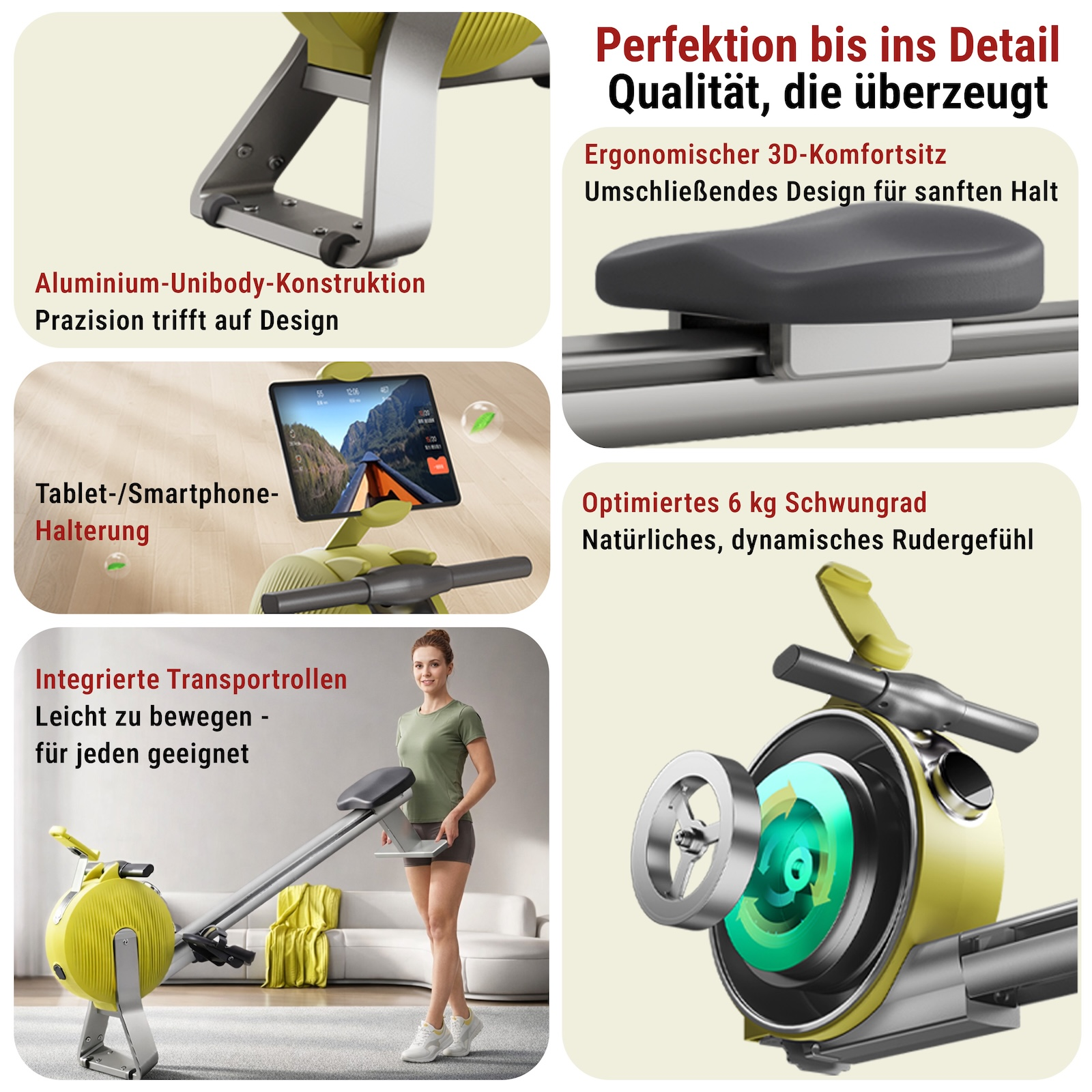 Ein Trainingsgerät mit Aluminiumkonstruktion, Tablet-Halterung, Sitz und Schwungrad.