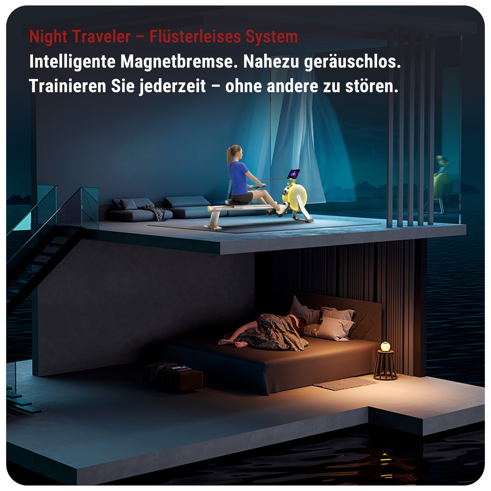 Frau auf einem Rudergerät trainiert, daneben ein Bett mit schlafender Person.