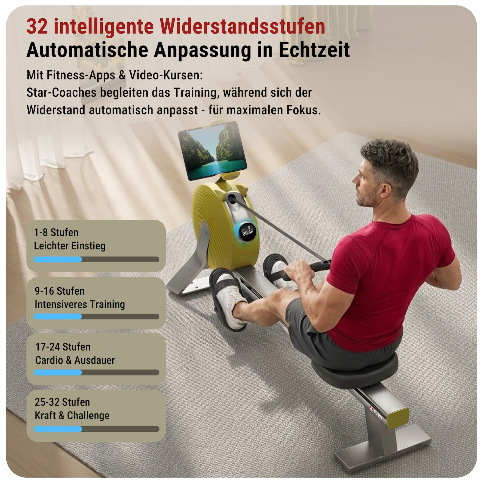 Mann trainiert auf einem Rudergerät mit Tablet, das Widerstandsstufen anzeigt.