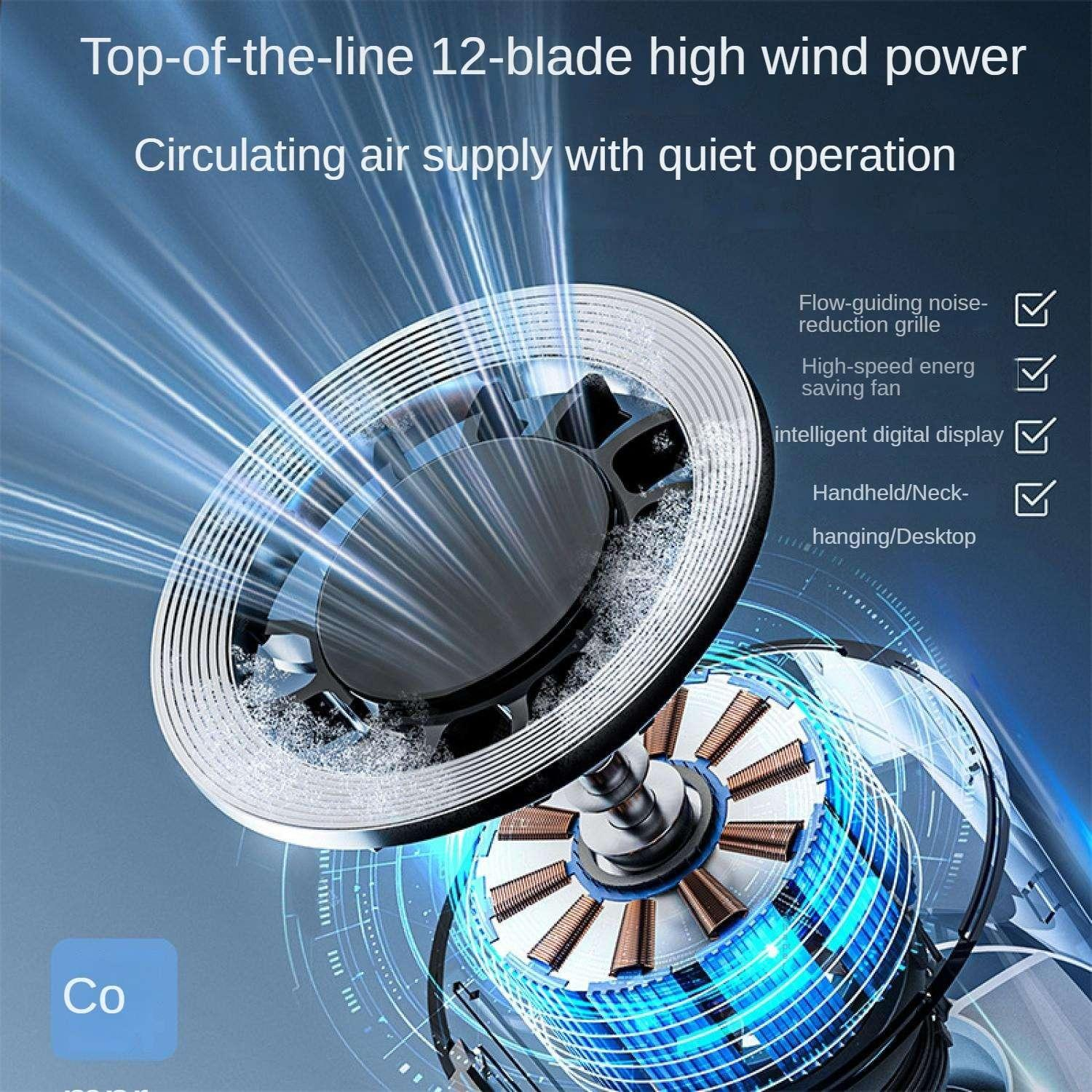 Ein High-Tech-Ventilator mit 12 Flügeln, der Luft mit blauen Lichteffekten zirkuliert.
