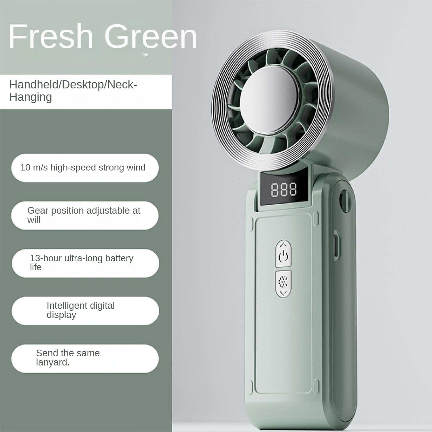 Ein gróner, tragbarer Ventilator mit digitalem Display und Lanyard.