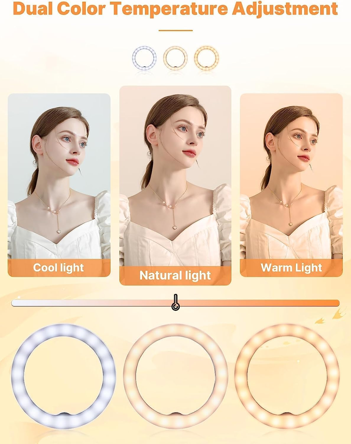 Drei Frauenporträts zeigen Lichteffekte: kühl, natürlich, warm. Ringlichter unten.