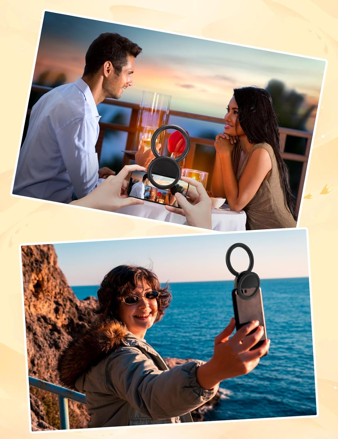 Ein Paar isst abends zu Abend. Unten macht ein Mädchen ein Selfie am Meer.