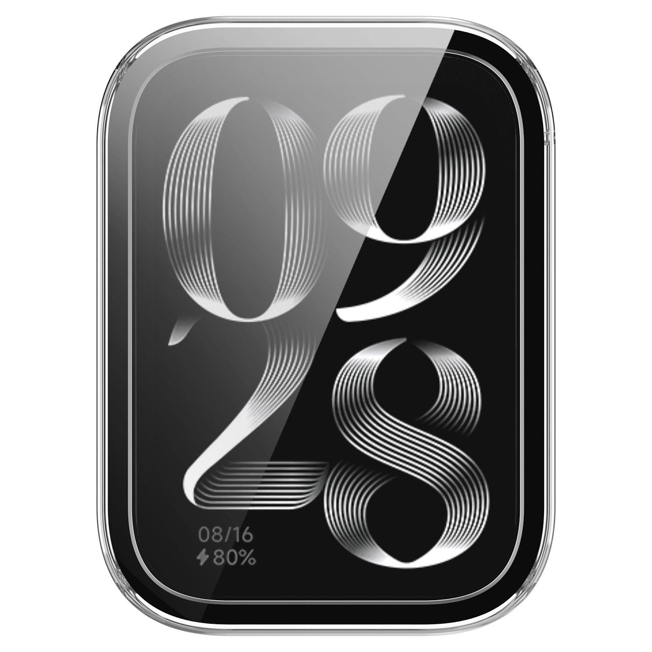 Eine digitale Uhr mit den Zahlen 09 und 28, Datum 08/16, 80% Akku.