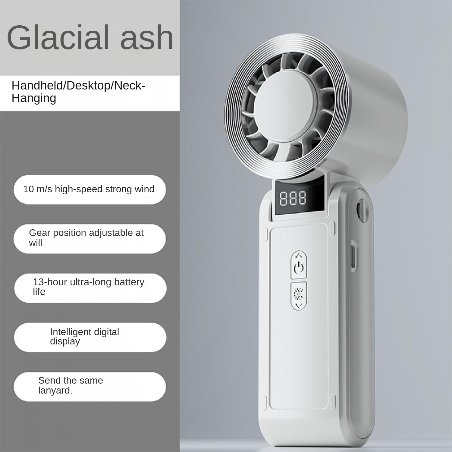 Ein silberner, tragbarer Ventilator mit digitaler Anzeige und Lüftungsschlitzen.