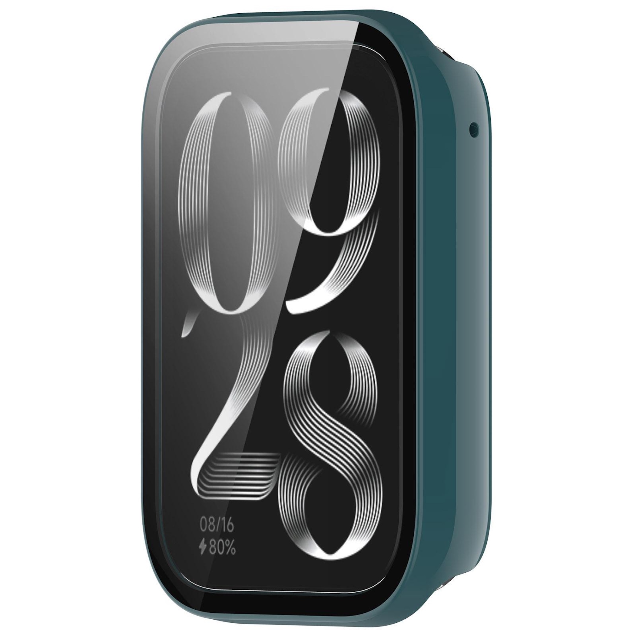 Ein dunkelgrünes Smartwatch-Gehäuse mit einem dunklen Display, das die Zeit anzeigt.