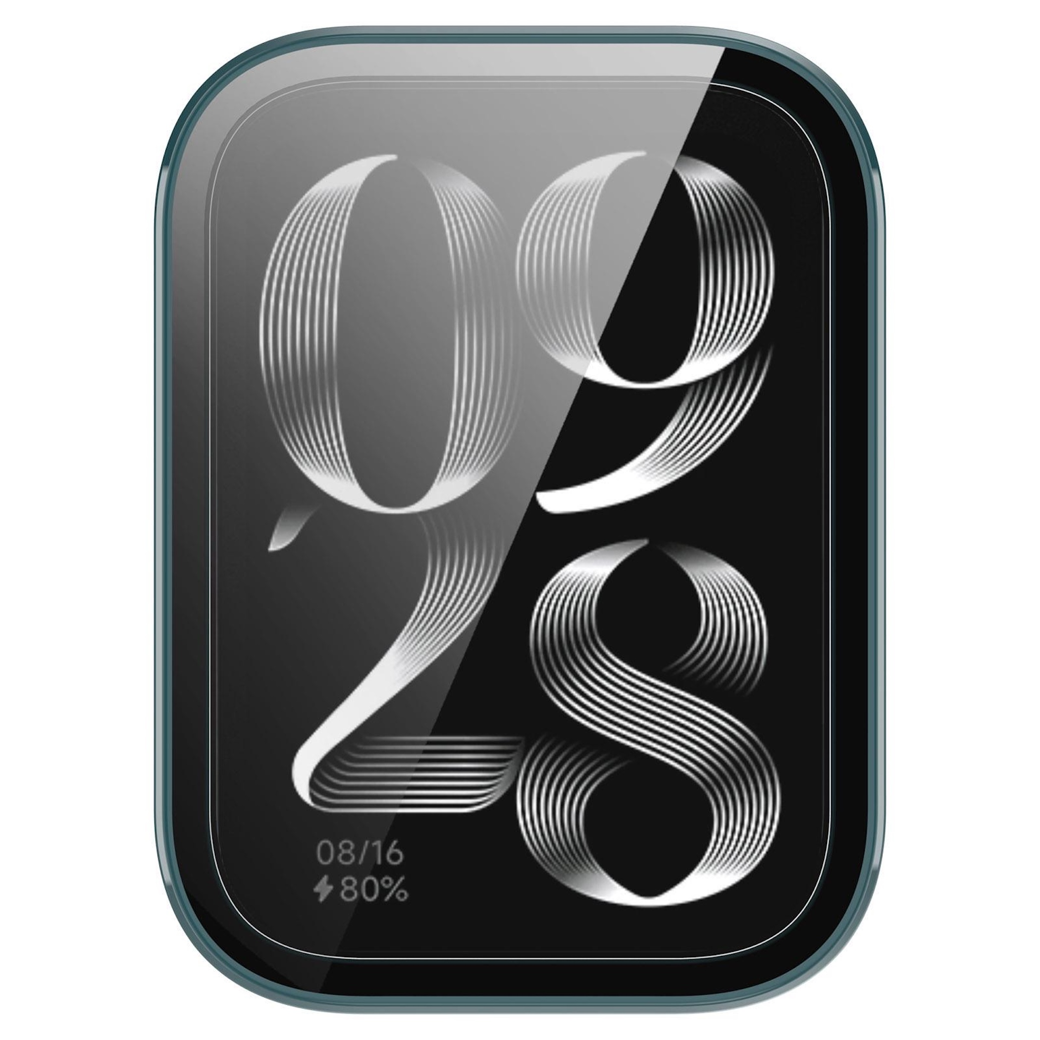 Smartwatch-Display mit Zeit 09:28, Datum 08/16 und 80% Akku.