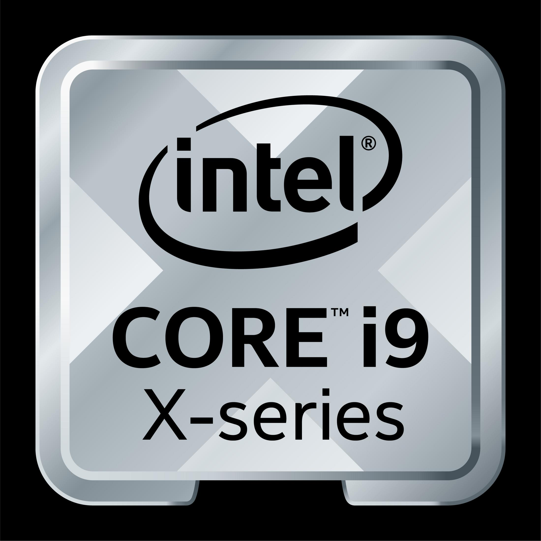 Logo Intel Core i9 X-series. Distintivo argentato con testo nero e logo Intel.