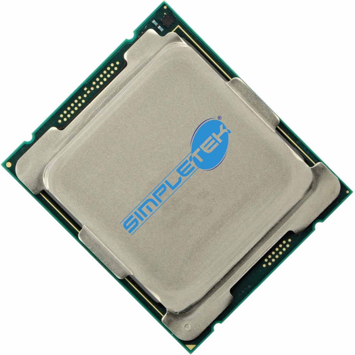 Un processore d'argento per computer con logo blu SIMPLETEK su sfondo bianco.