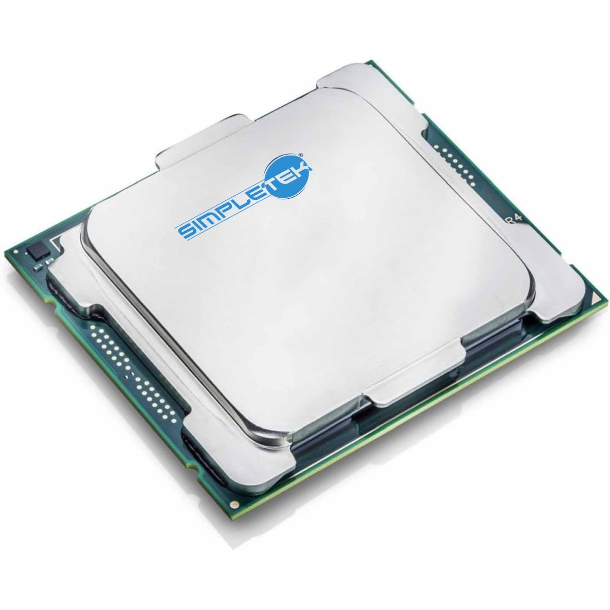 Un processore d'argento per computer con logo blu e pin sotto.