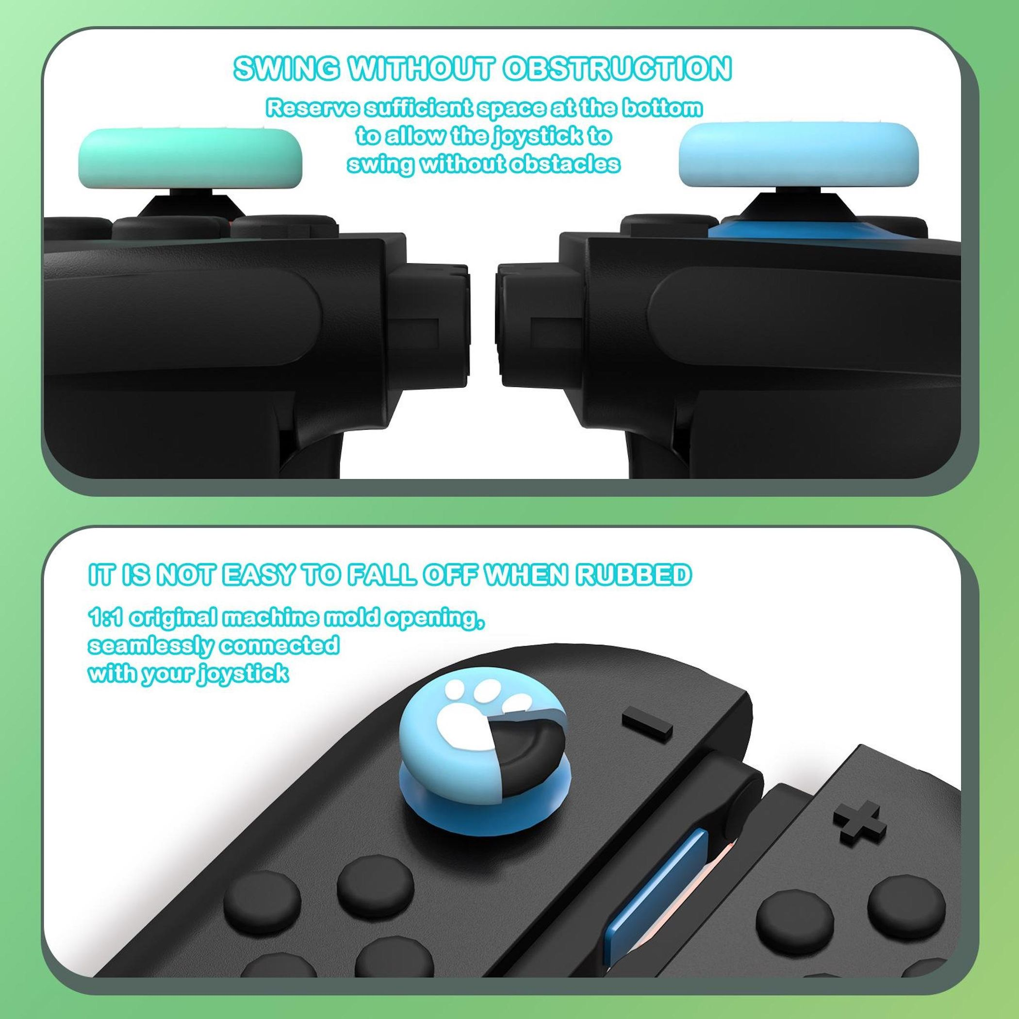 Nahaufnahme von zwei schwarzen Gamecontrollern mit blauen Joysticks.