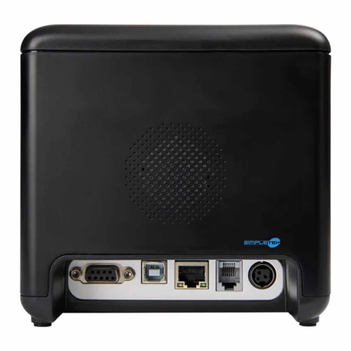 Retro di una stampante nera con porte seriali, USB, Ethernet, RJ45 e alimentazione.
