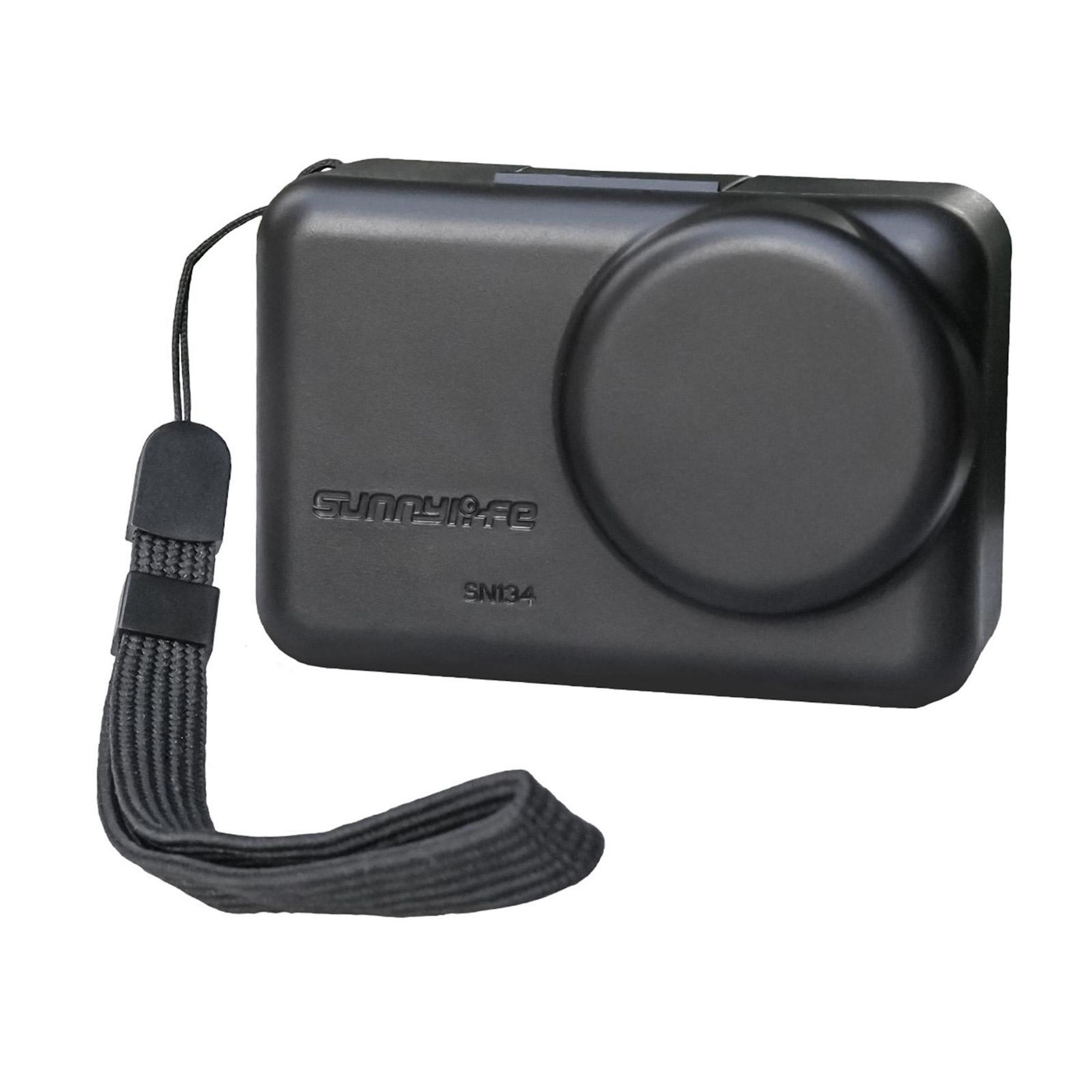 Custodia per fotocamera nera con cinturino da polso e logo.