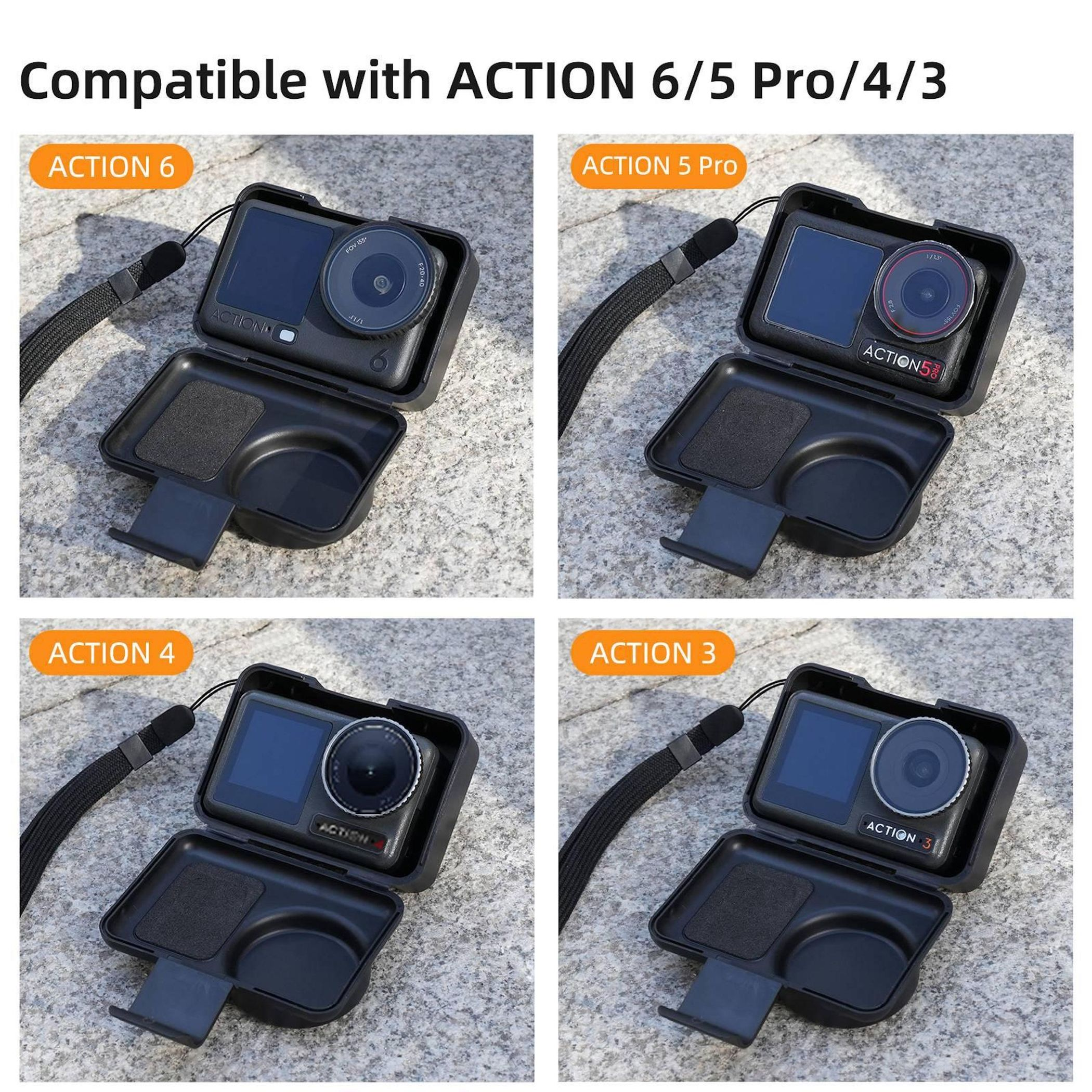 Quattro action camera ACTION 6, 5 Pro, 4, 3 in custodie aperte su pietra.