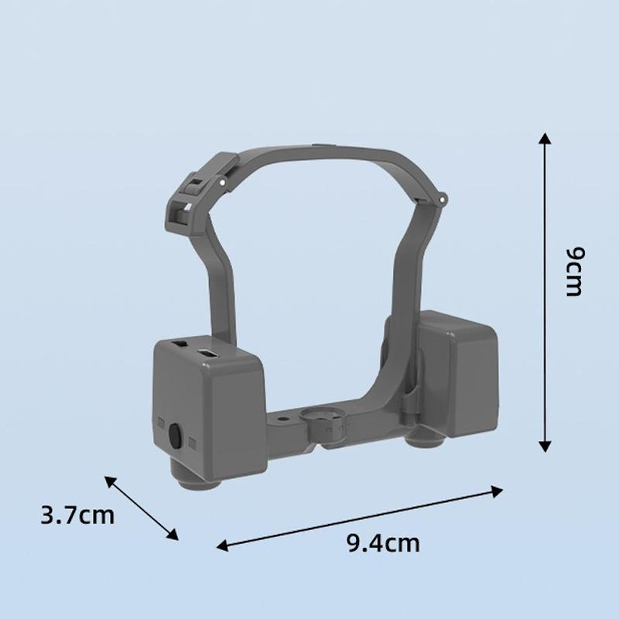 Uno stabilizzatore gimbal grigio con dimensioni di 9,4 cm, 3,7 cm e 9 cm.