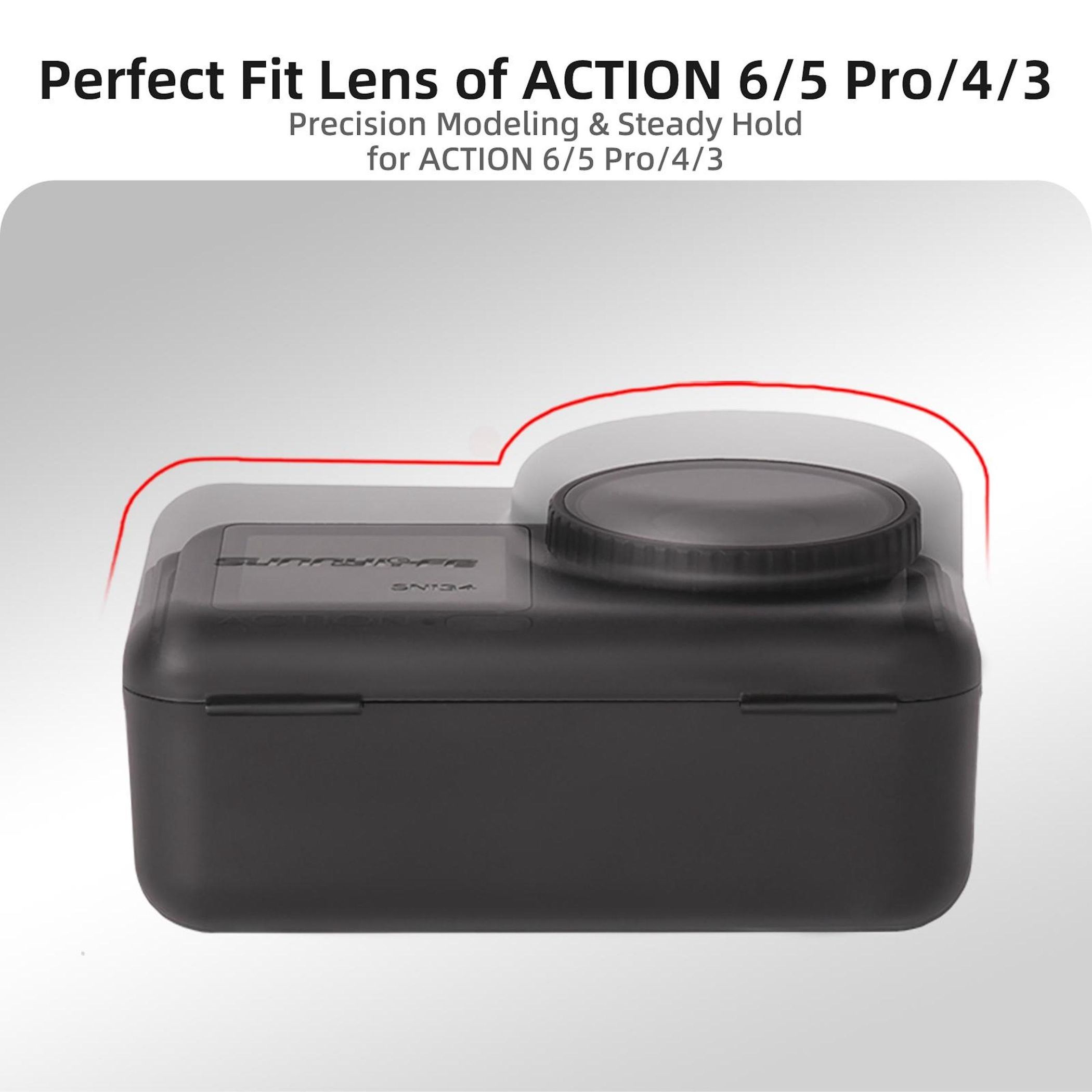 Custodia nera per action cam con lente circolare in cima, testo: Lente a perfetta aderenza.