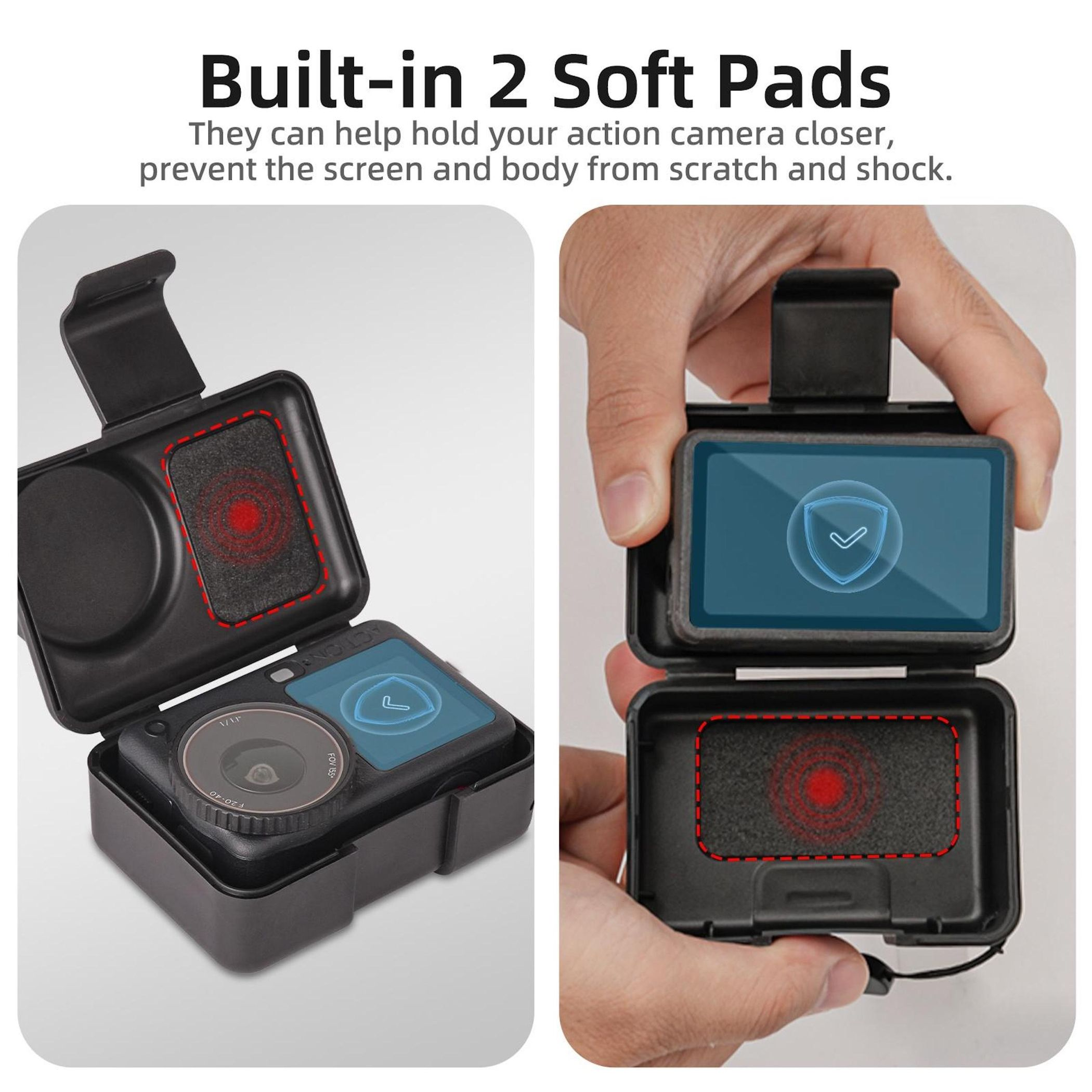 Custodia per action camera con 2 morbidi pad, mostra l'interno.