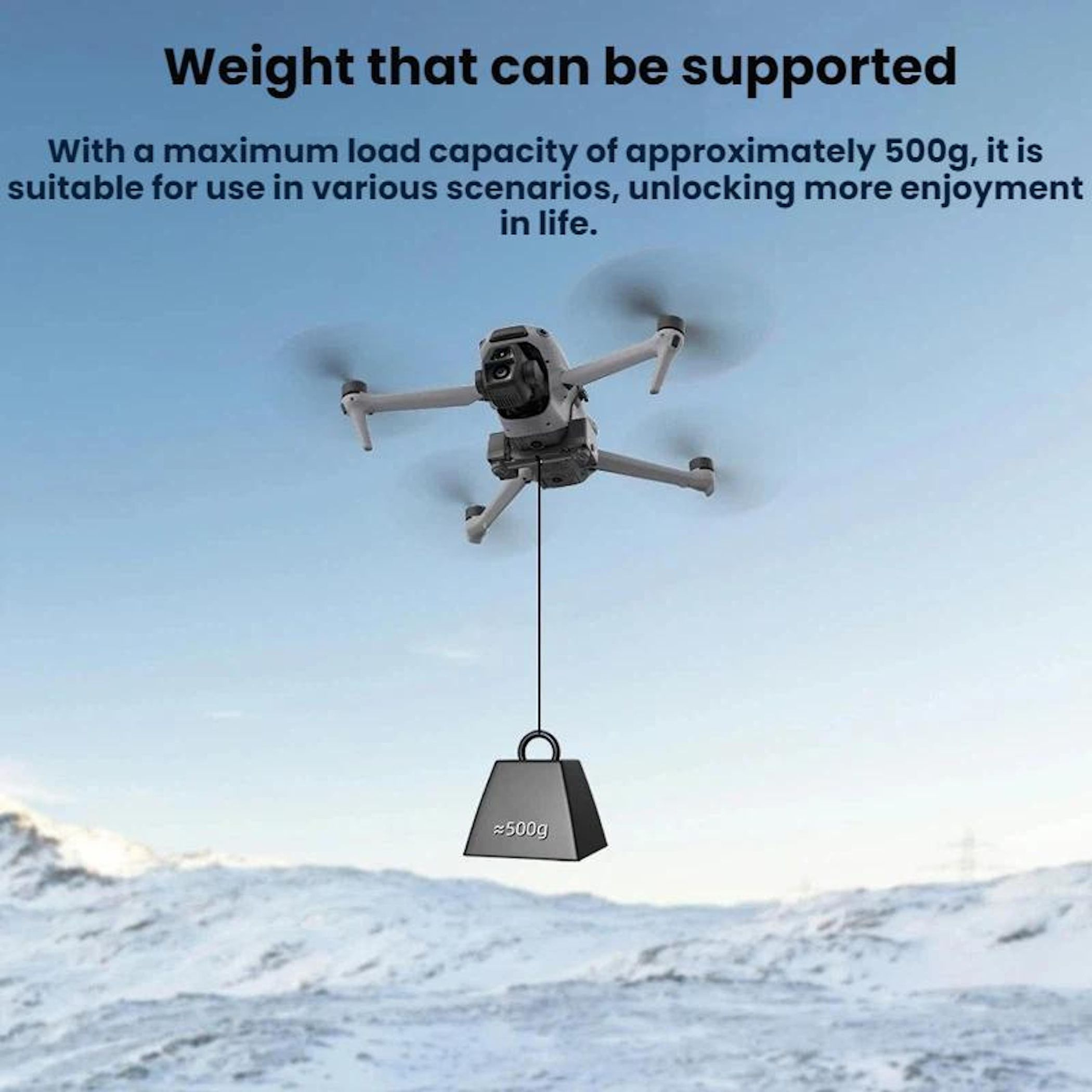 Drone solleva un peso di circa 500g su un paesaggio innevato.