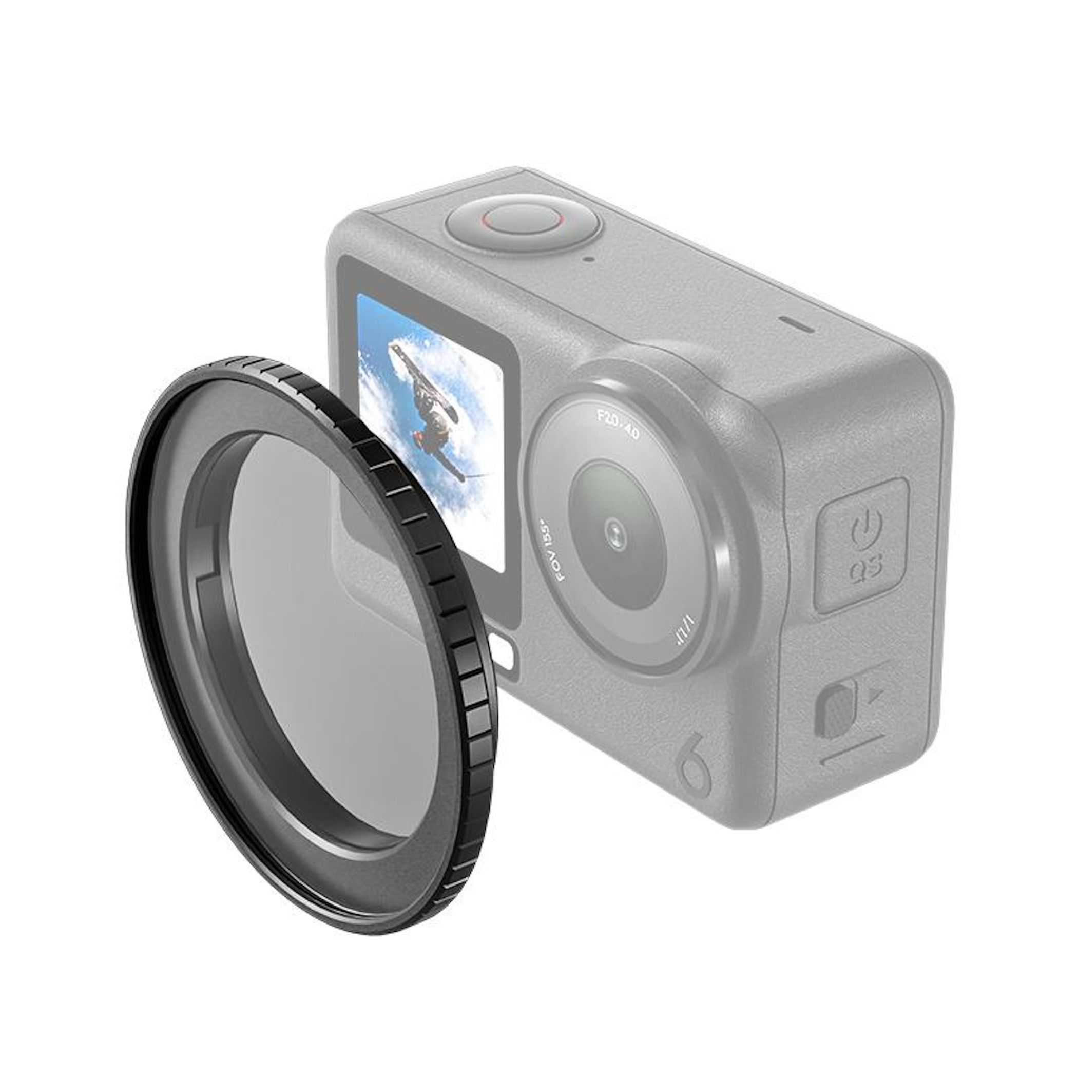 Action camera grigia con filtro obiettivo rimovibile e sciatore sullo schermo.