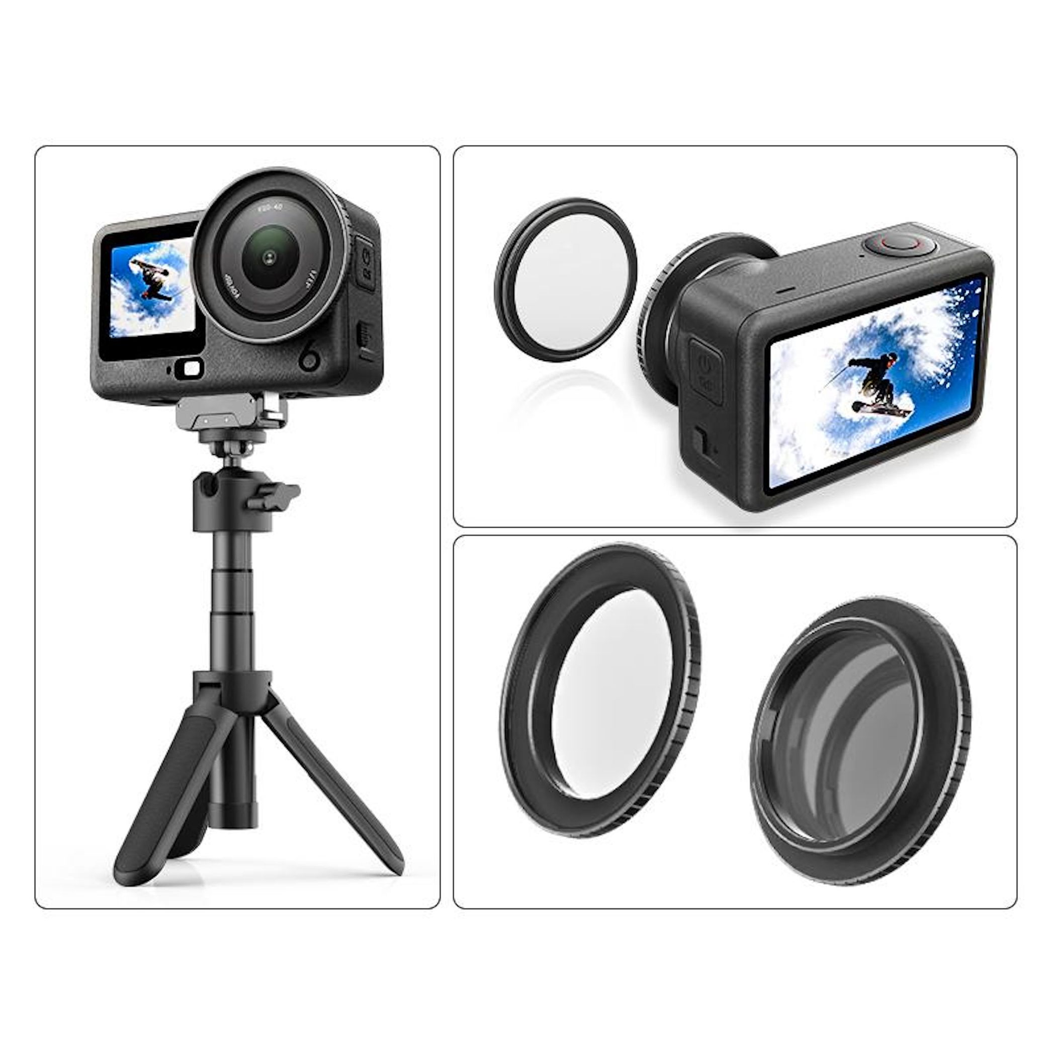 Action camera con treppiede e accessori.