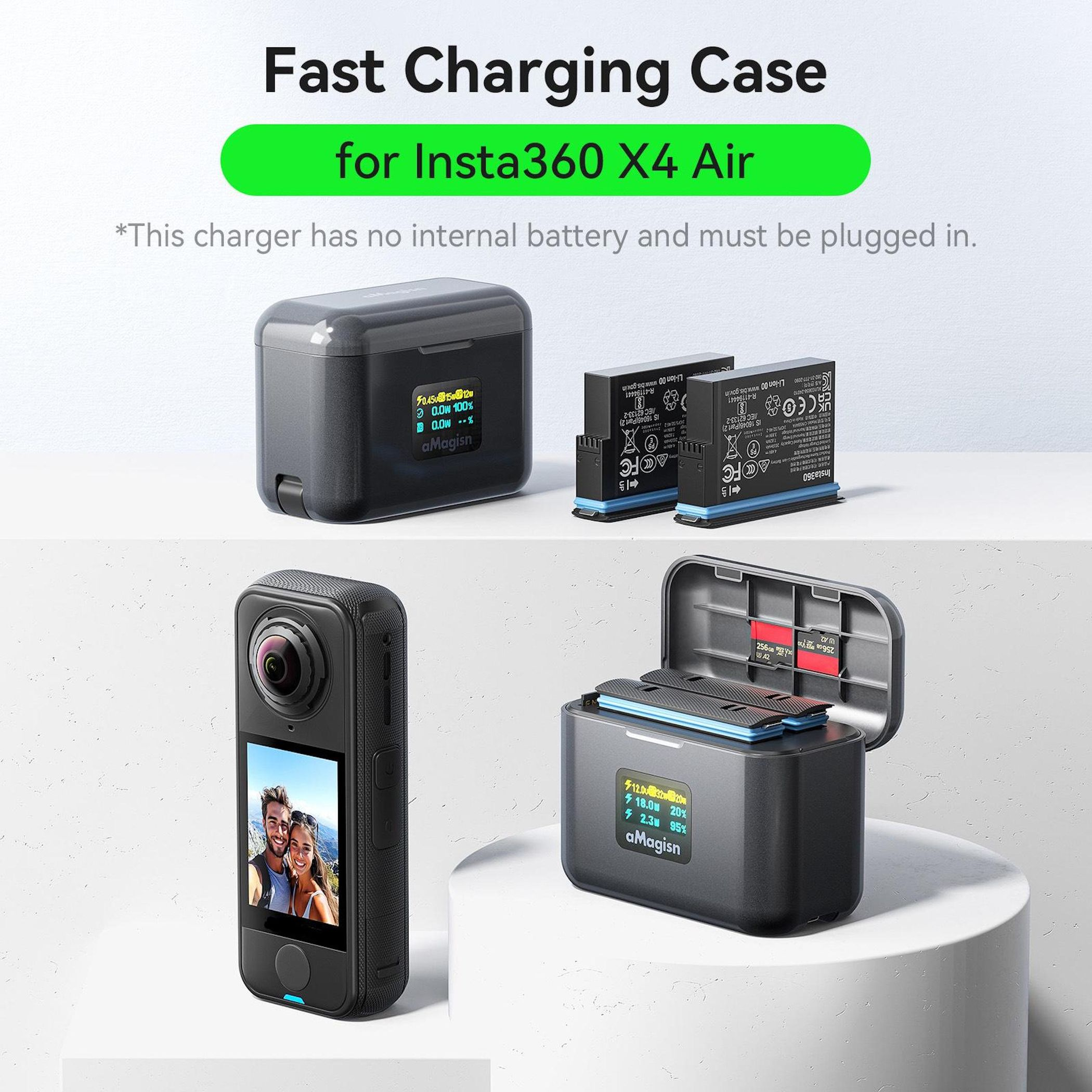 Una fotocamera Insta360 X4 Air, una custodia di ricarica con batterie e schede SD.