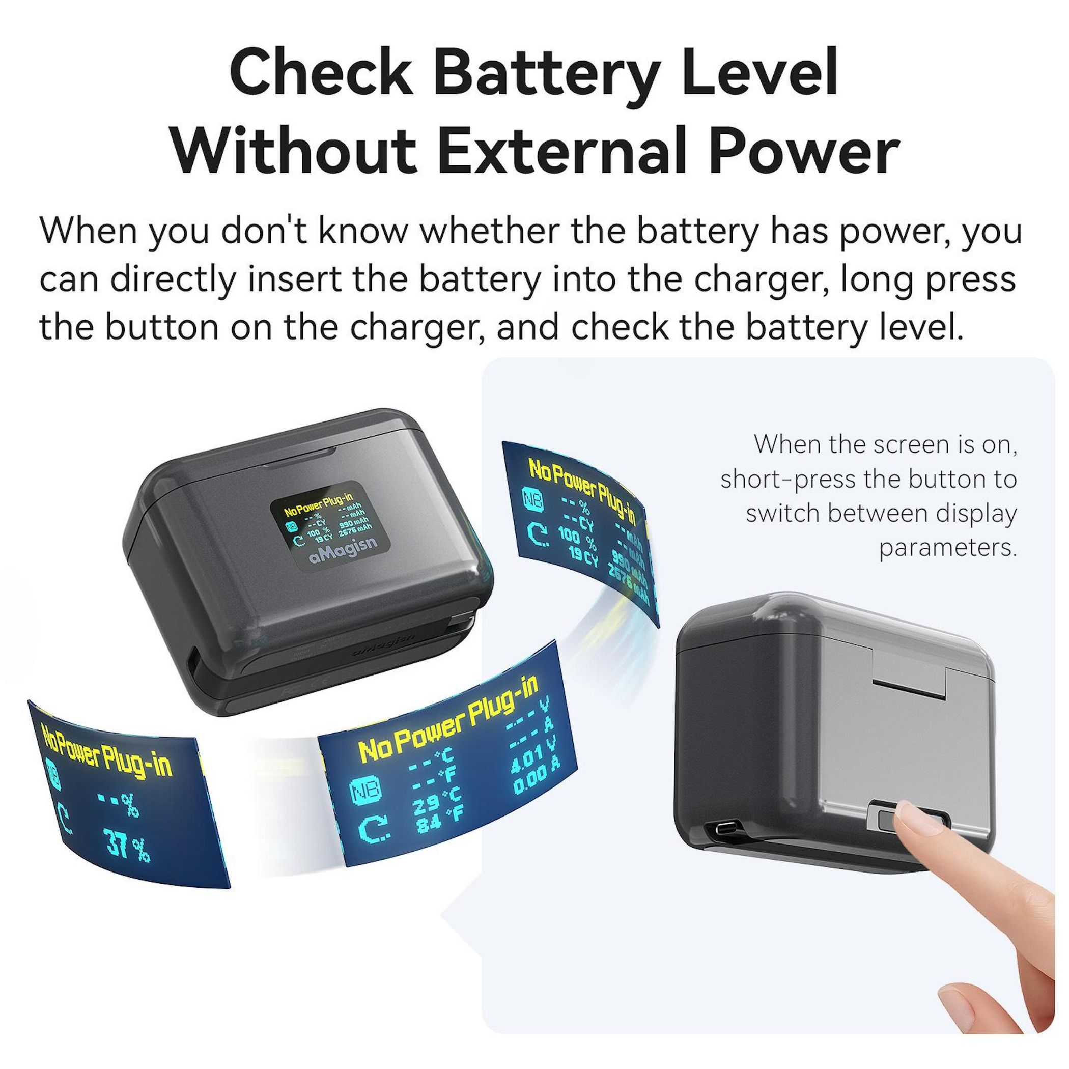 Un caricabatterie nero con schermo che mostra informazioni sulla batteria.