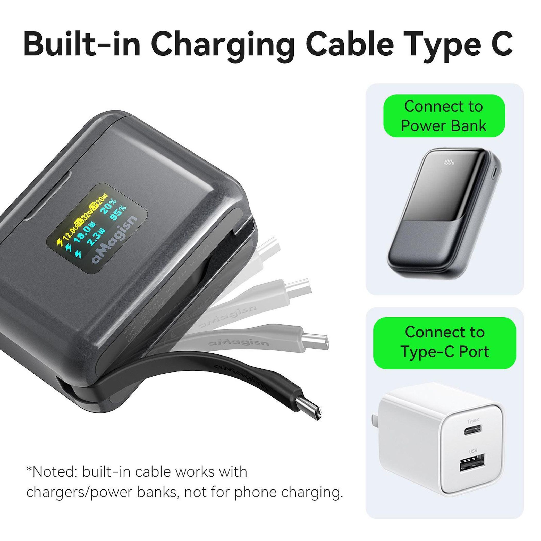 Power bank con cavo Type-C integrato, si collega a power bank e porta Type-C.