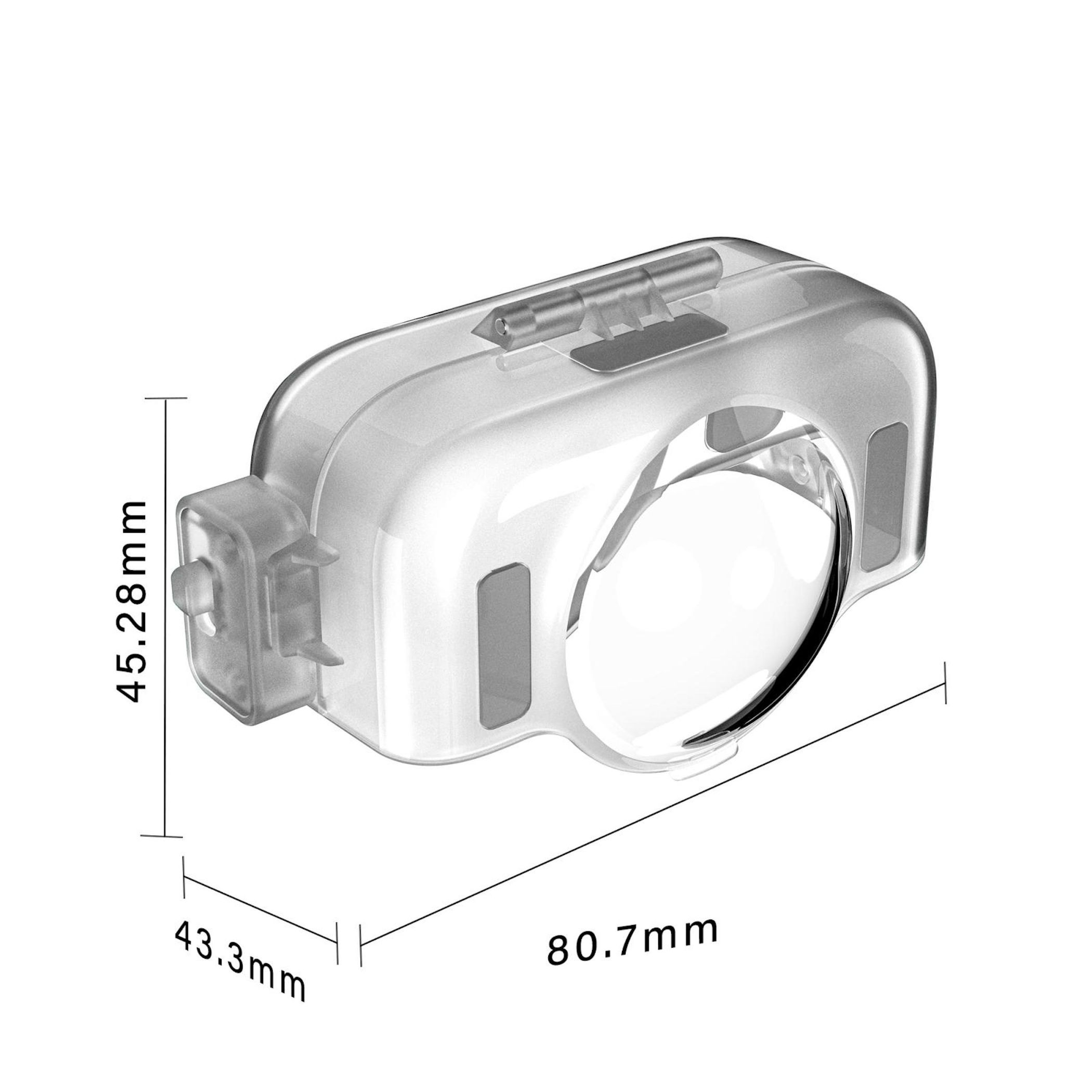 Transparenter Linsenschutz mit Maßangaben: 45,28mm Höhe, 43,3mm Breite, 80,7mm Länge.
