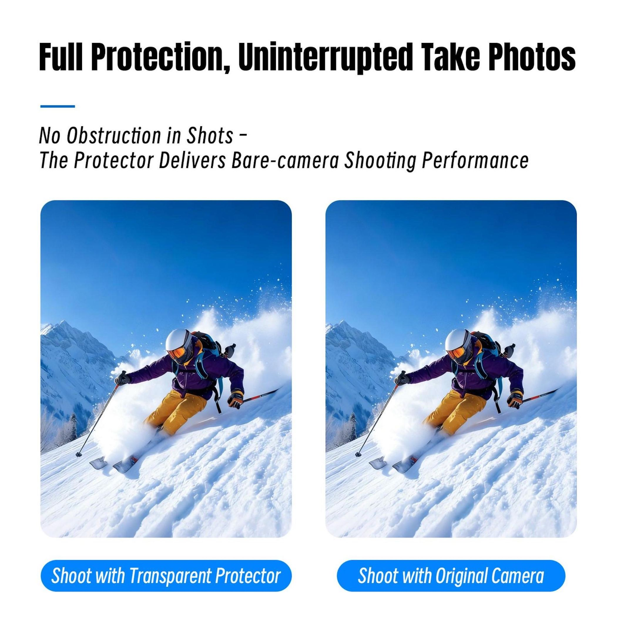 Skifahrer fährt auf schneebedecktem Hang mit blauem Himmel und Bergen im Hintergrund.