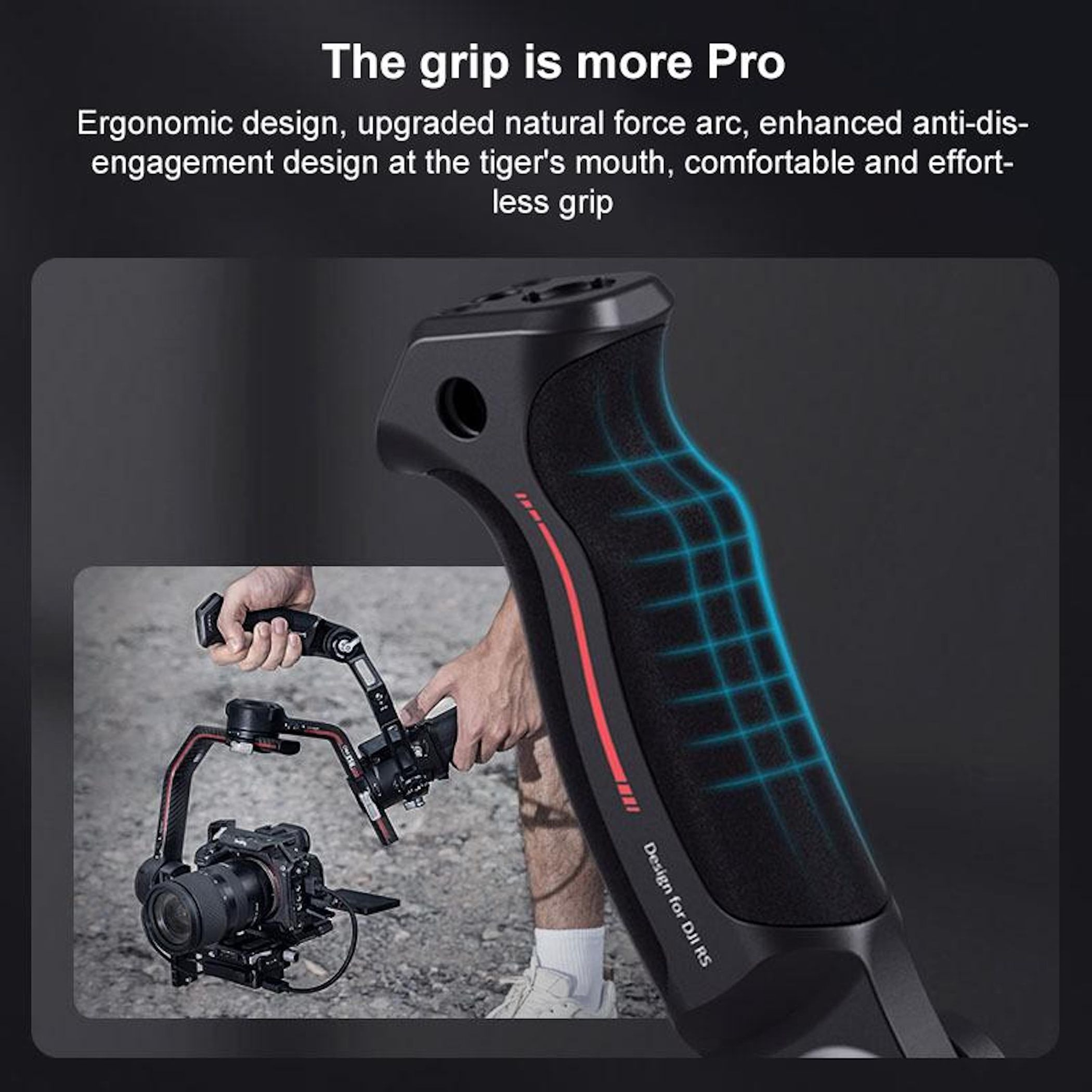 Una presa ergonomica per DJI RS con una fotocamera all'aperto.