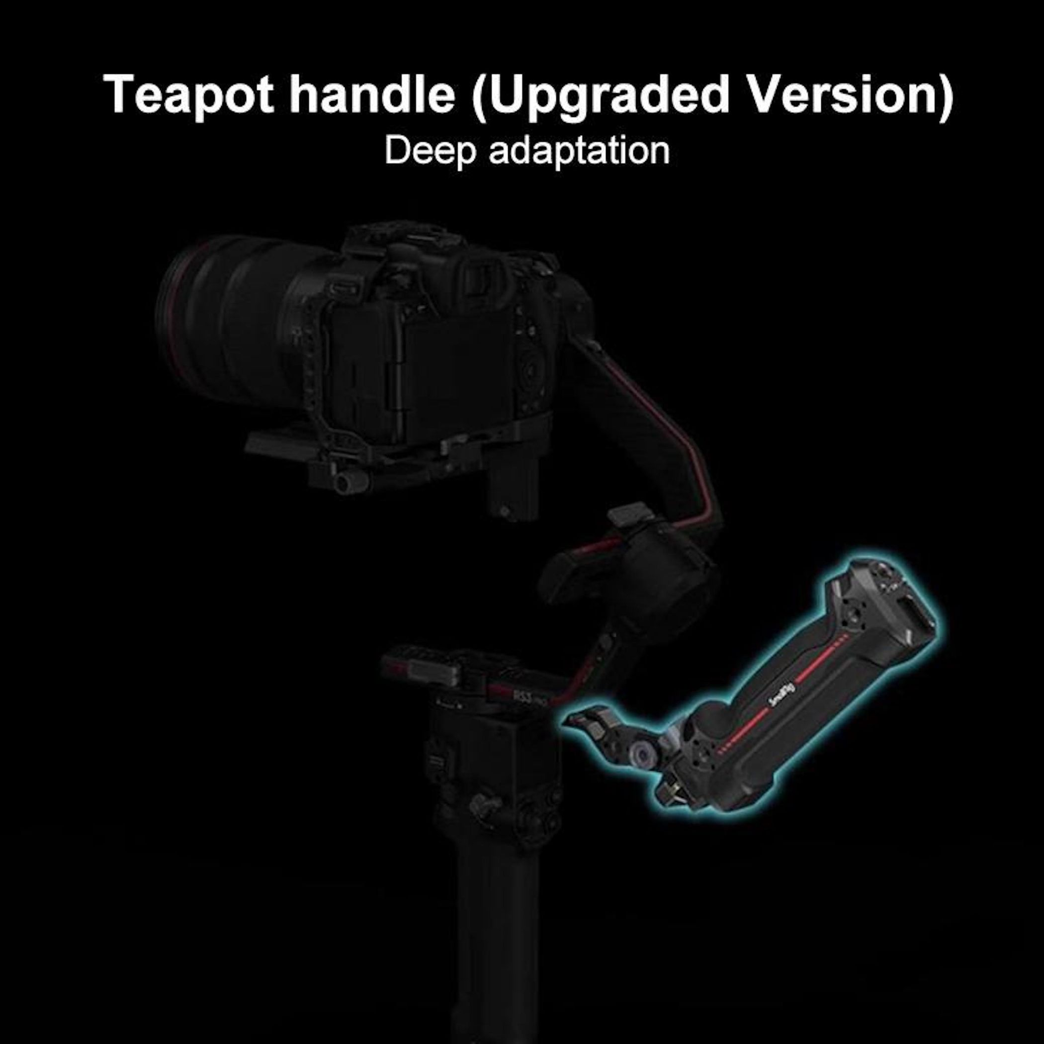 Un'impugnatura per fotocamera nera con obiettivo e gimbal.