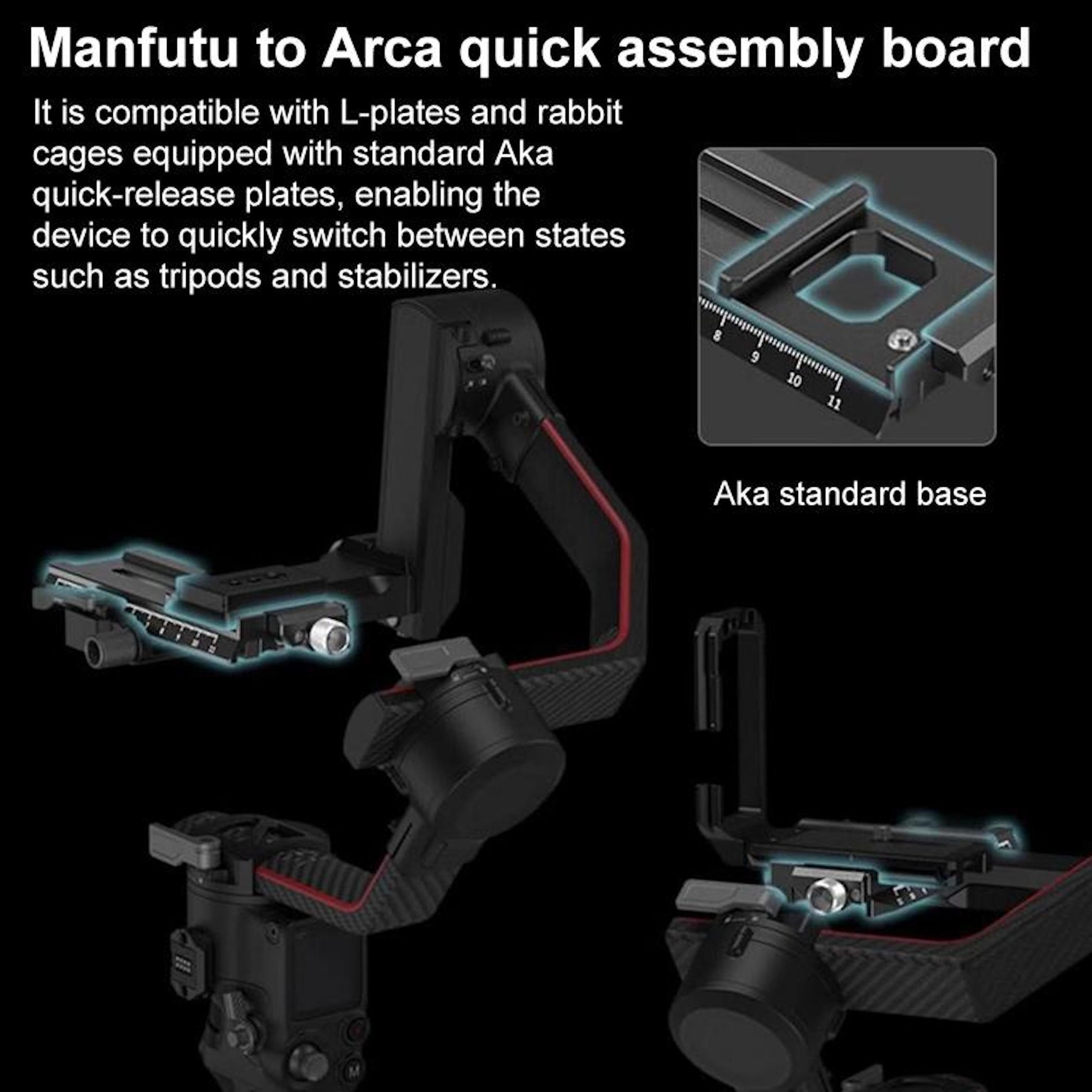 Accessorio per fotocamera nero: un gimbal con base standard Arca e piastra a sgancio rapido.