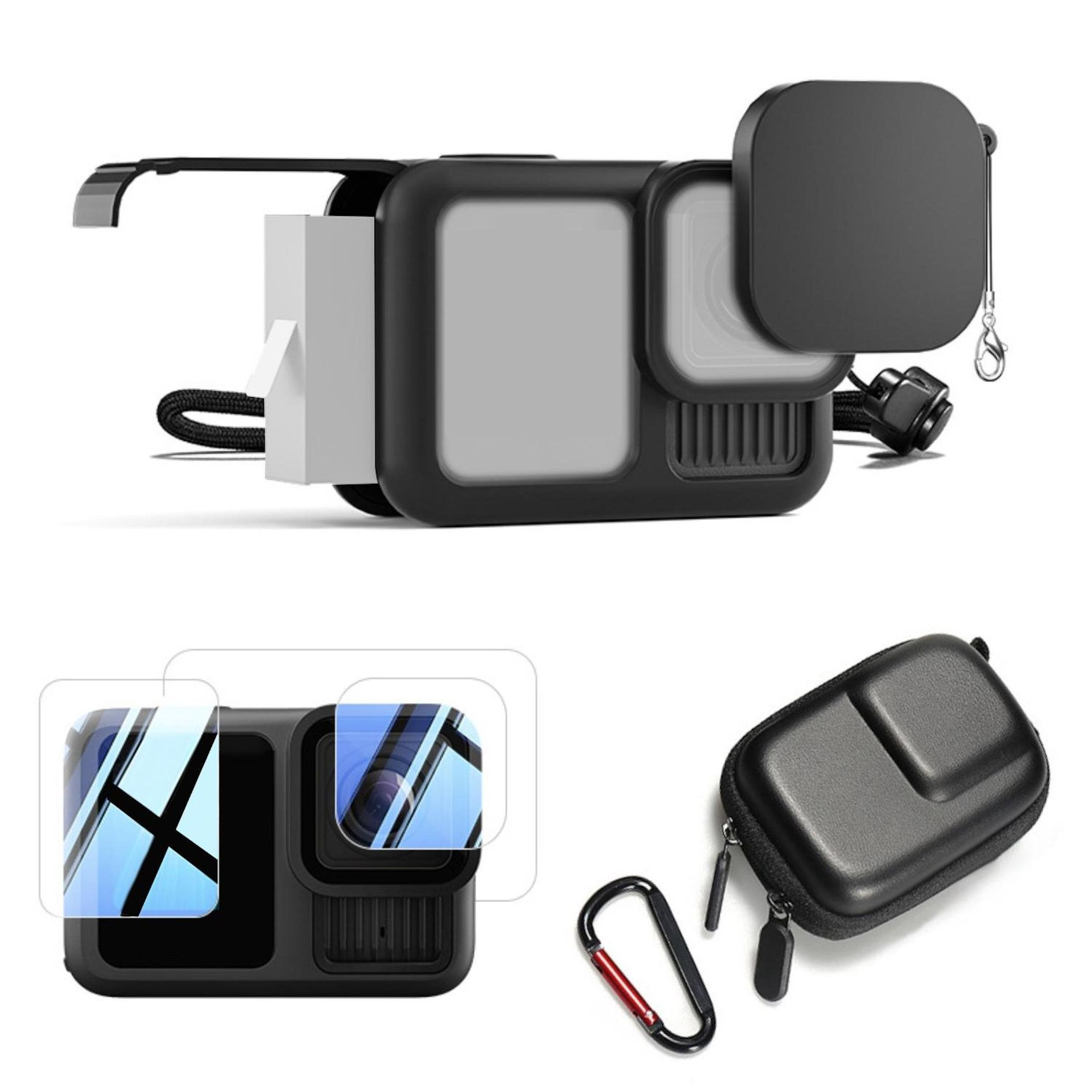 Accessori GoPro neri: custodia, protezioni schermo e moschettone.