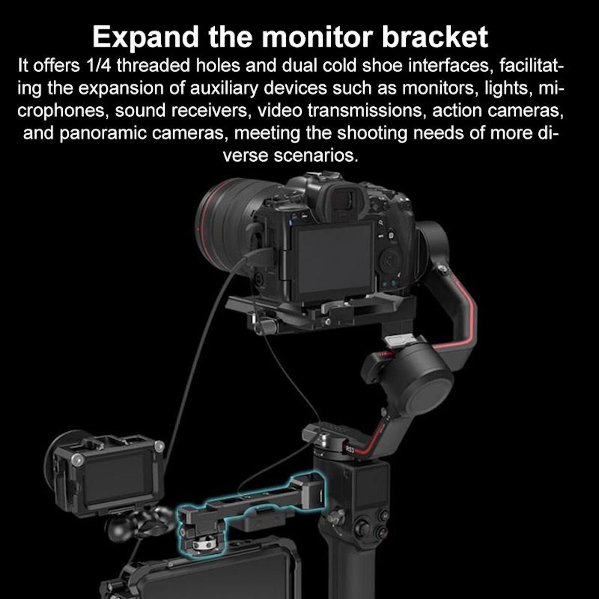 Un gimbal con fotocamera e accessori su sfondo nero.