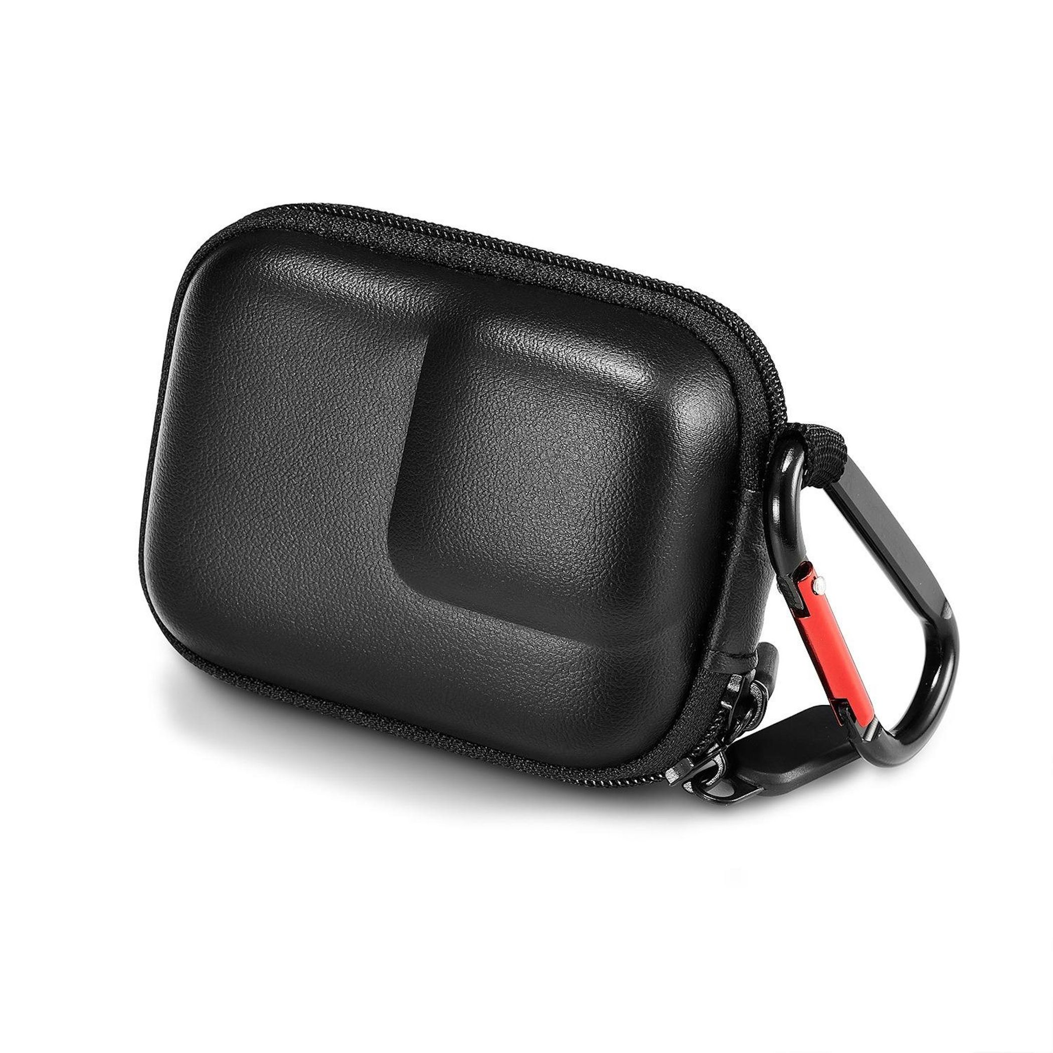 Custodia nera rettangolare con cerniera e clip a moschettone.