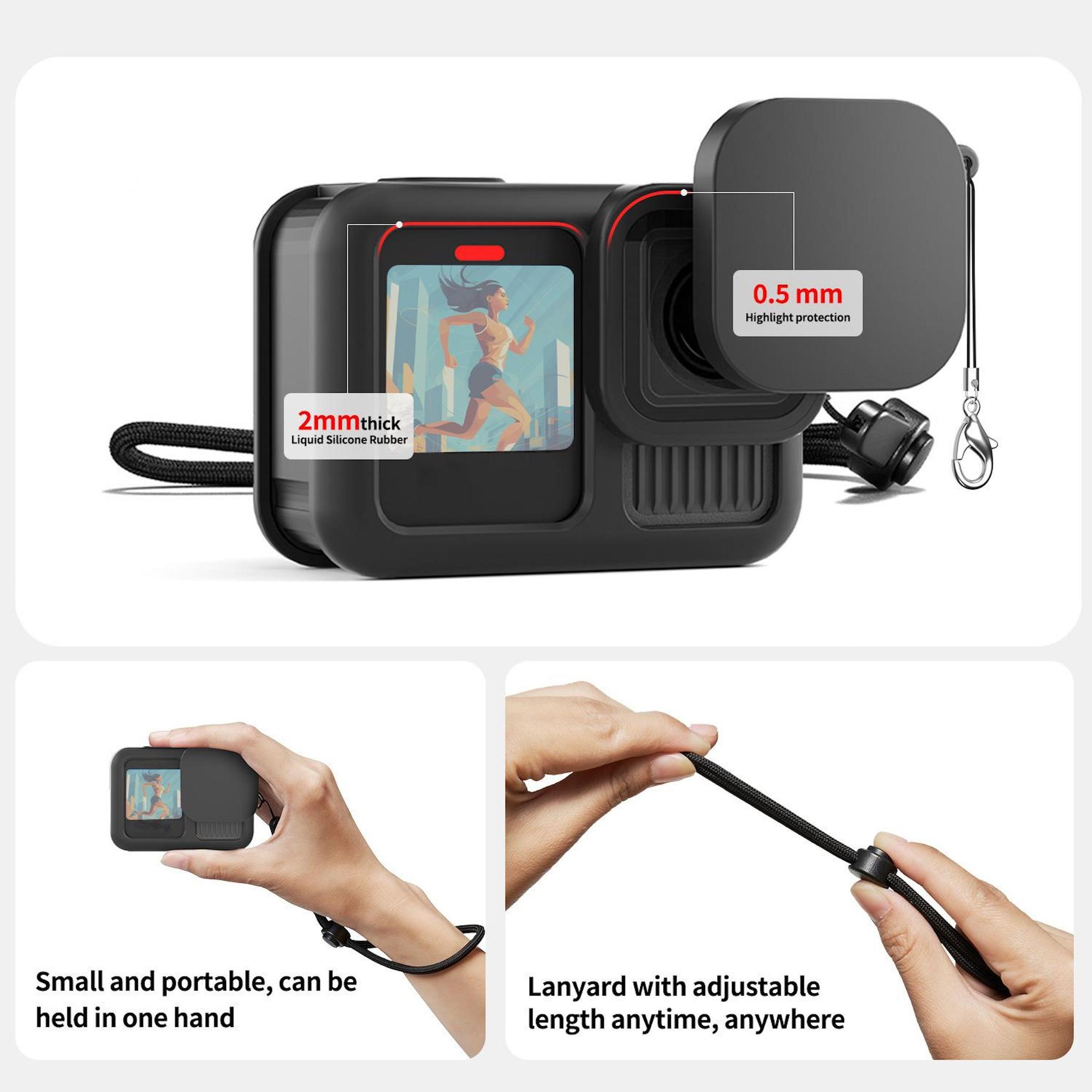 Custodia protettiva nera per fotocamera con laccetto, che mostra una runner sul display.