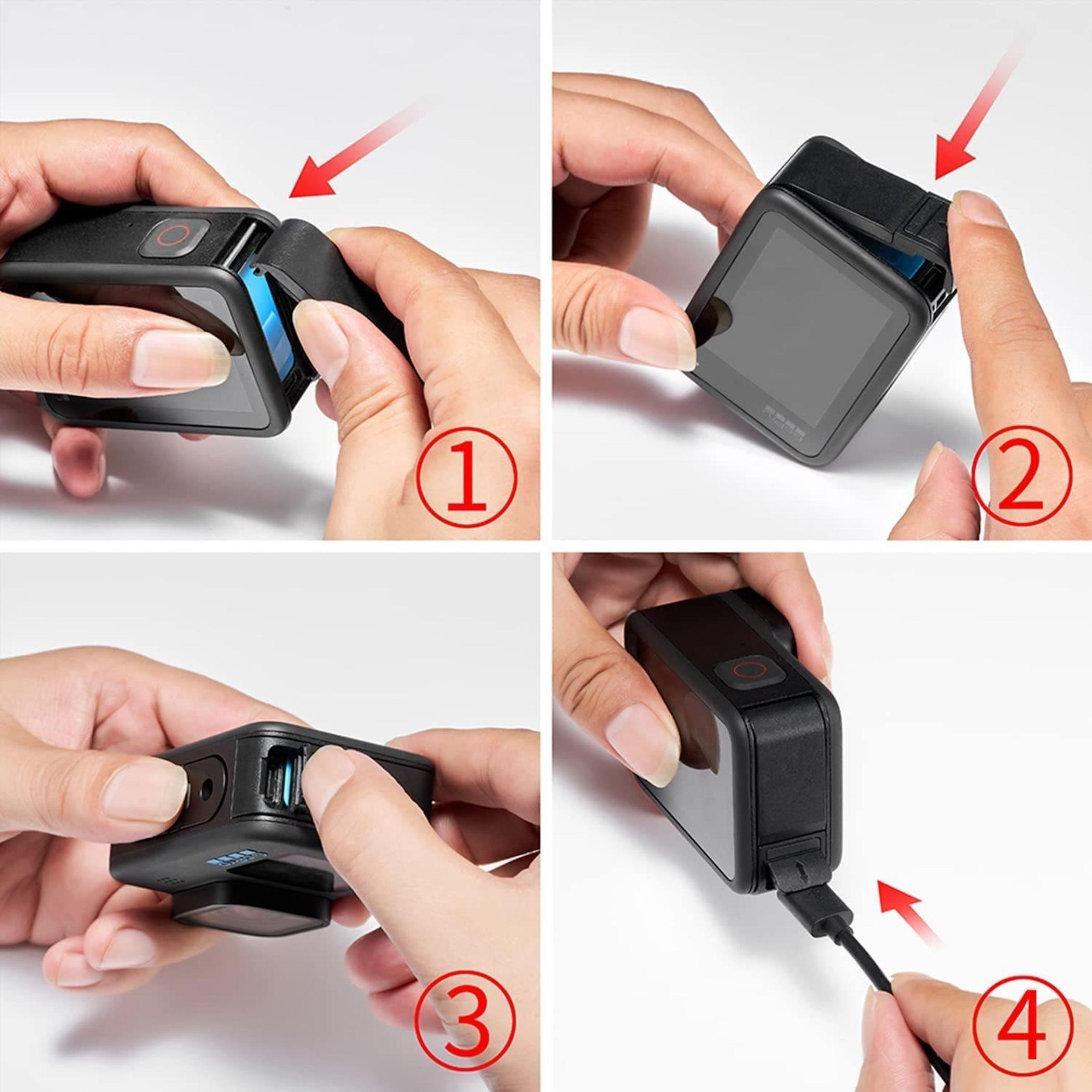 Istruzioni per agganciare e sganciare accessori della fotocamera.