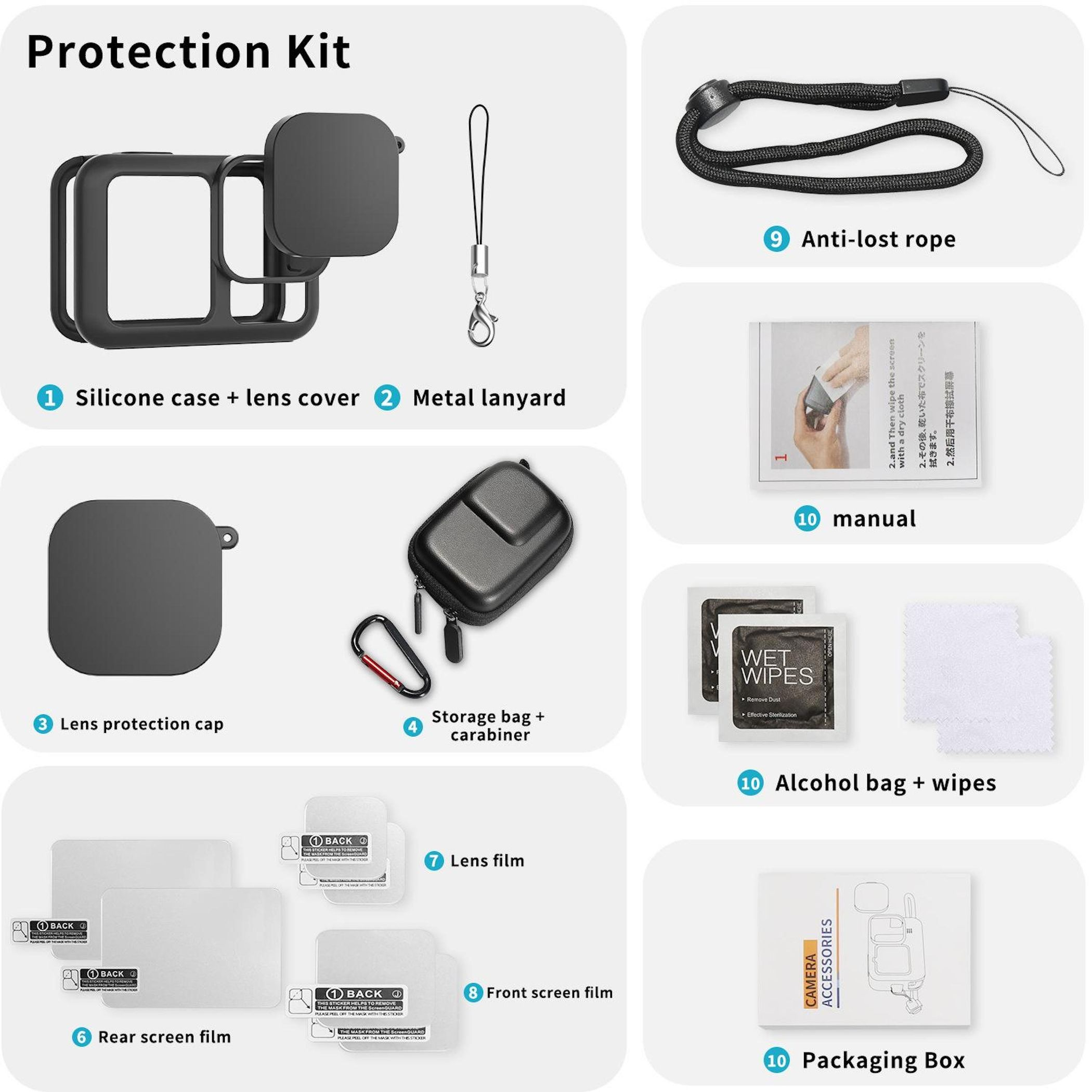 Un kit di protezione con custodia, laccetto, borsa, salviette e pellicole.