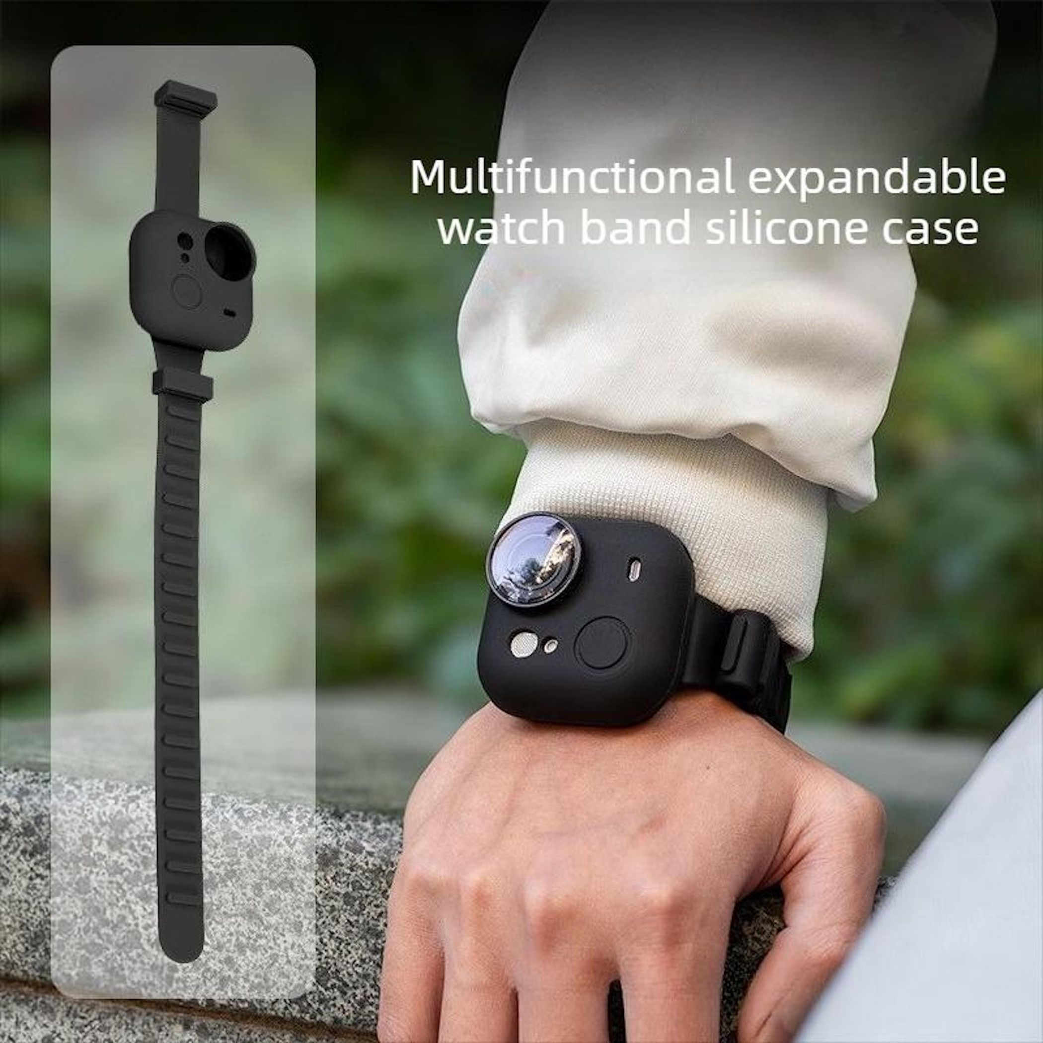 Schwarzes Silikon-Uhrenarmband mit Kamera-Aufsteckgehäuse an einem Handgelenk.