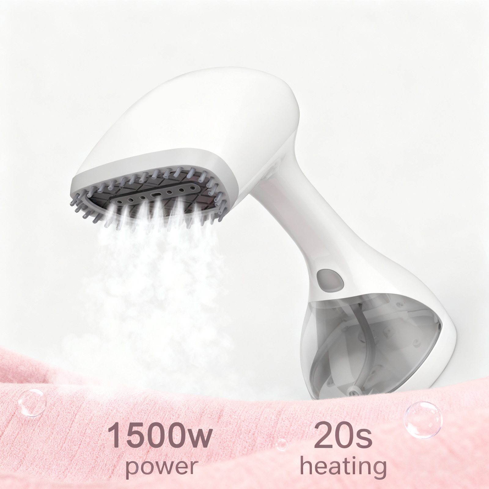 Ein weißer Dampfglätter mit 1500W Leistung und 20s Heizzeit auf rosa Stoff.
