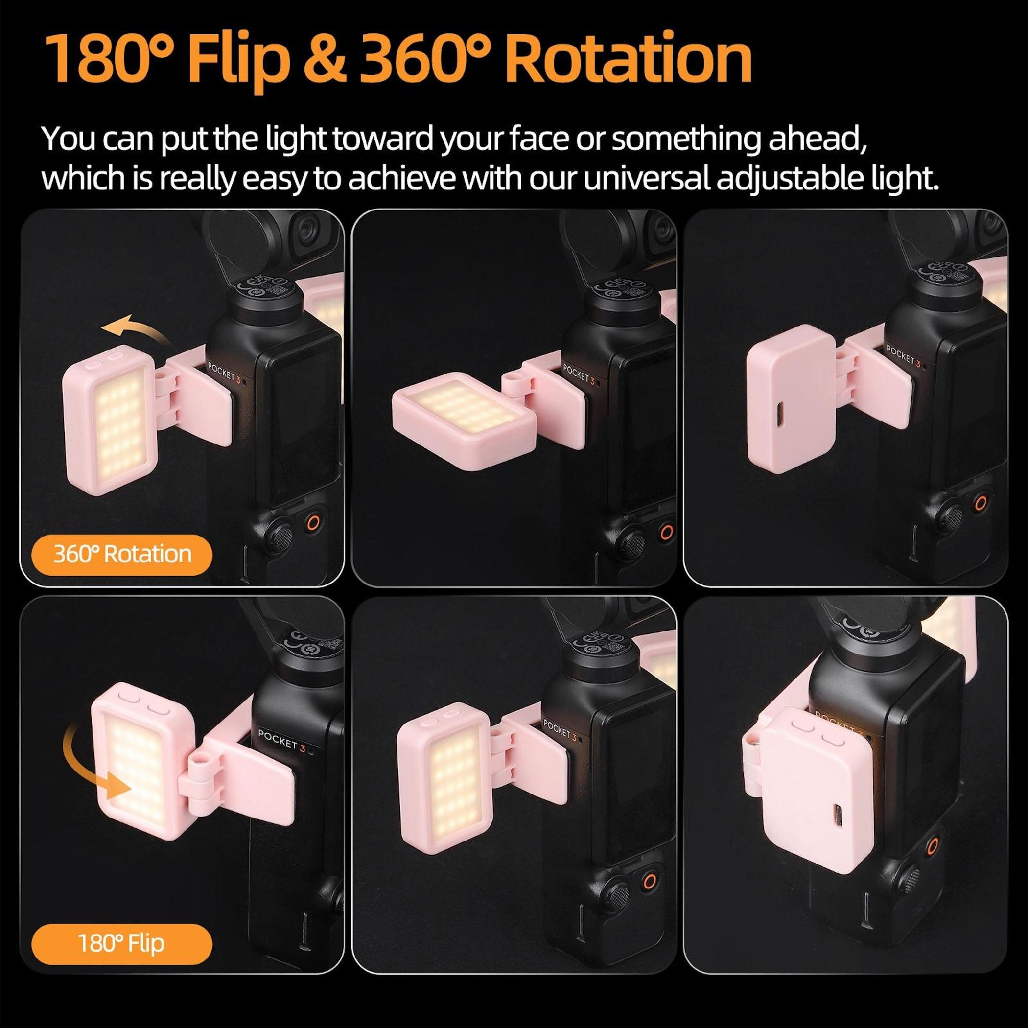Una luce rosa e una fotocamera mostrate con flip a 180° e rotazione a 360°.