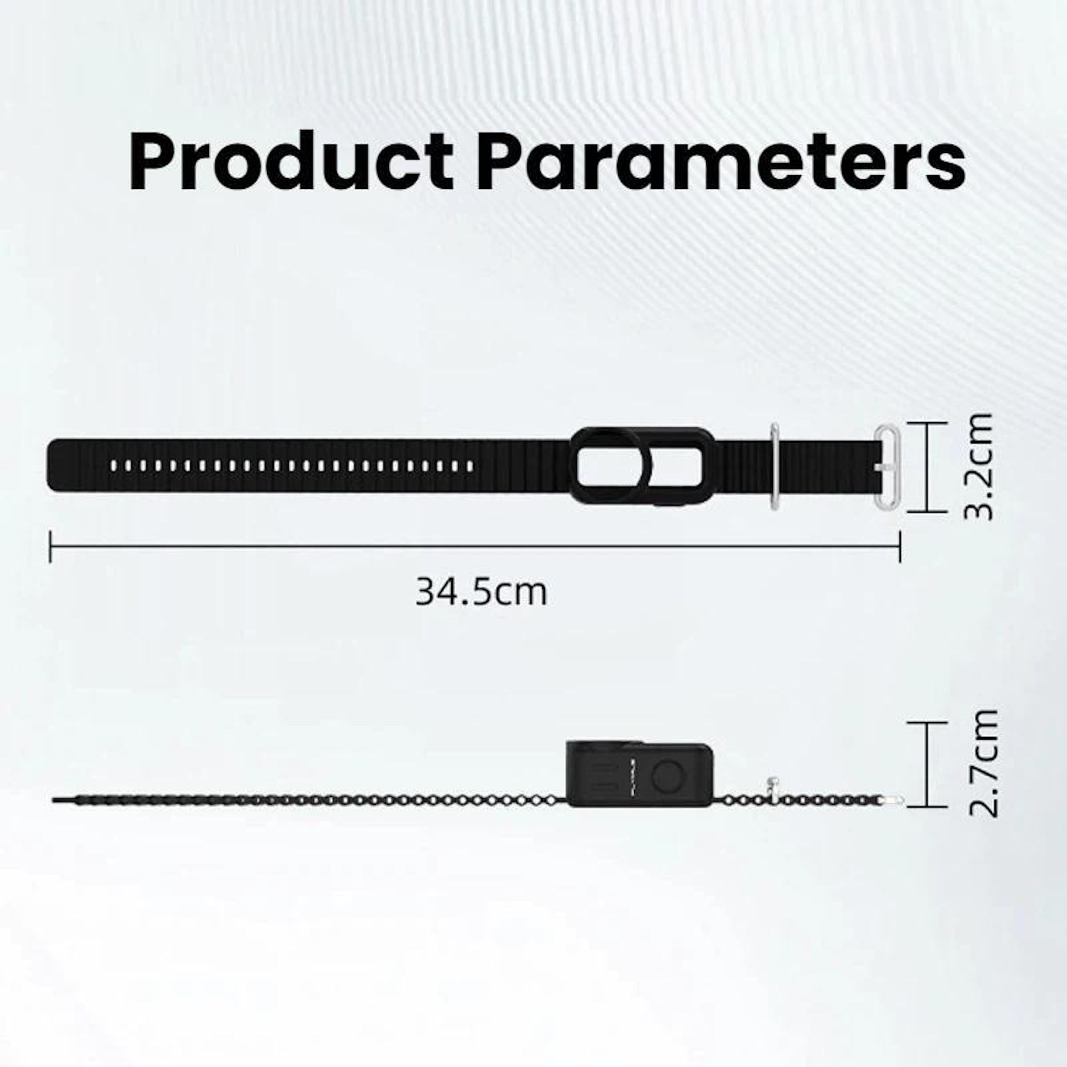 Schwarzes Halsband mit Maßen: 34,5cm L, 3,2cm B. Unten: Kette mit 2,7cm B.