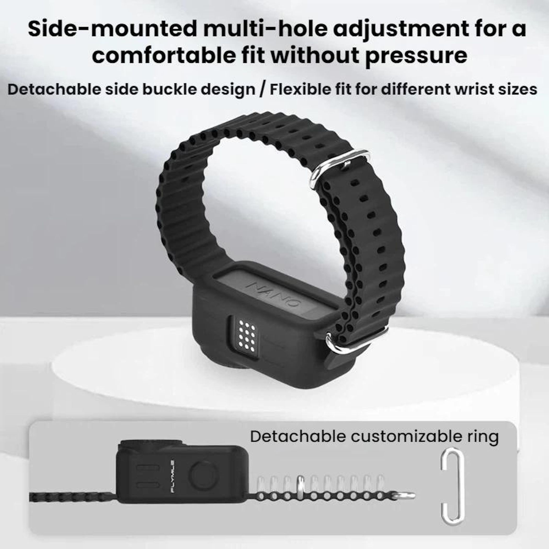 Schwarzes Armband mit seitlicher Schnalle und Metallring.