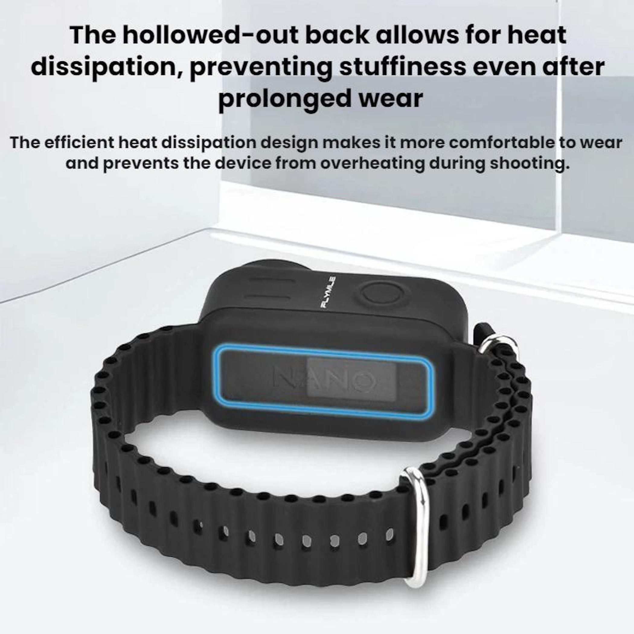 Schwarzes Gerät mit geripptem Armband. Text erwähnt Wärmeableitung.